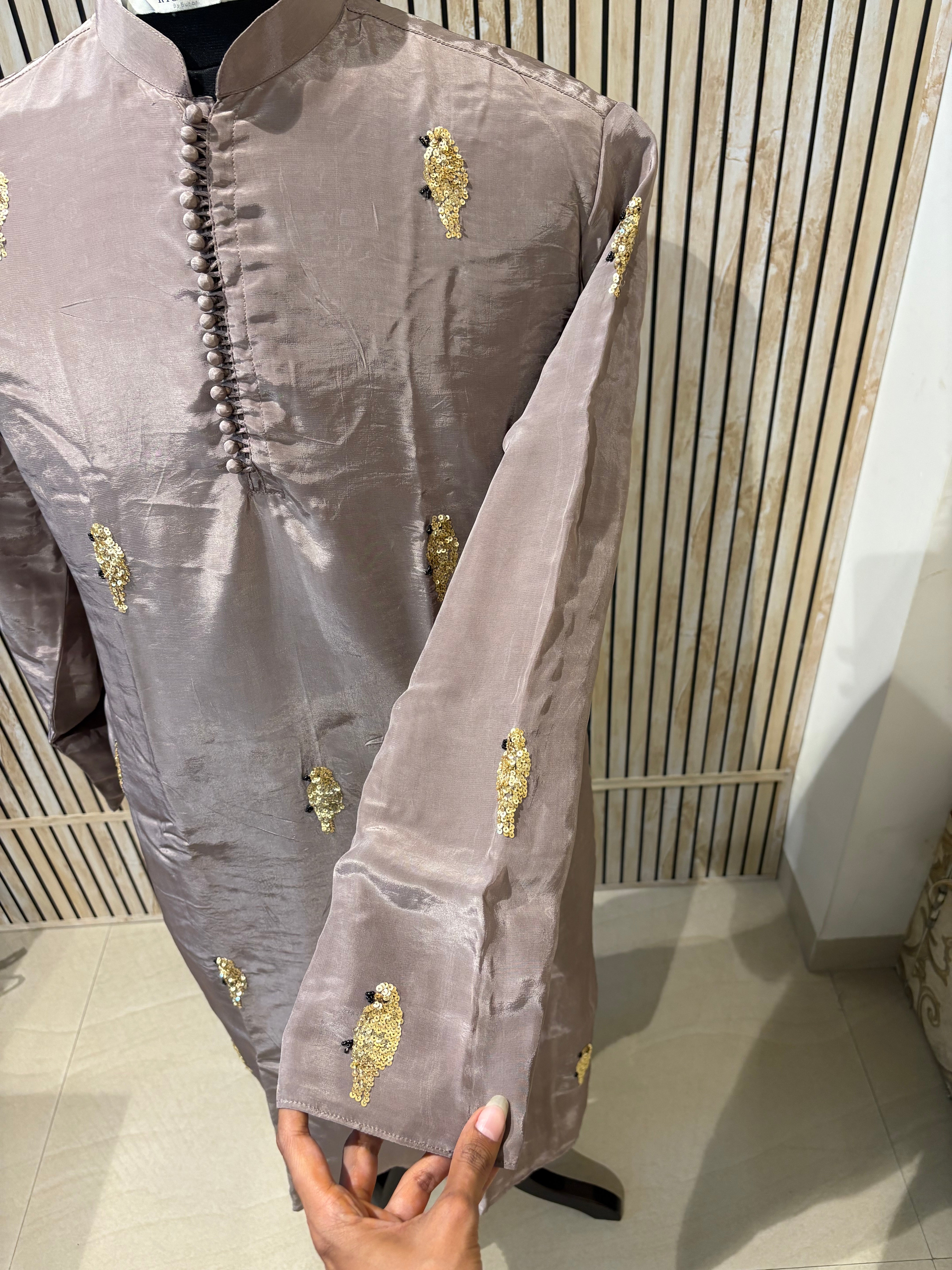 Beige Handwork sequence Mens Kurta & Pants Set | Festive Outfit for men | Groom or Groomsmen outfit