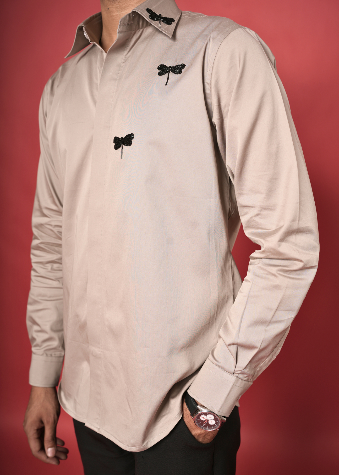 Warm Beige Handwork Shirt for Men | Dragonfly Tubelight Motif | Giza Cotton | Party, Cocktail, Sangeet & Semi-Formal Wear | RichArt