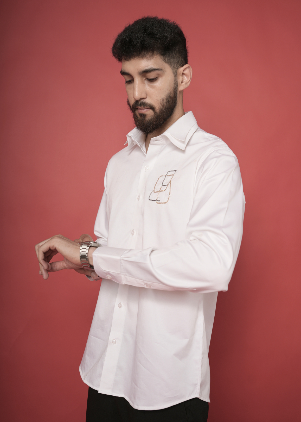 White Handwork Shirt for Men | Architectural Tubelight Motif | Double Collar | Giza Cotton | Party, Cocktail & Formal Occasion Shirt | RichArt