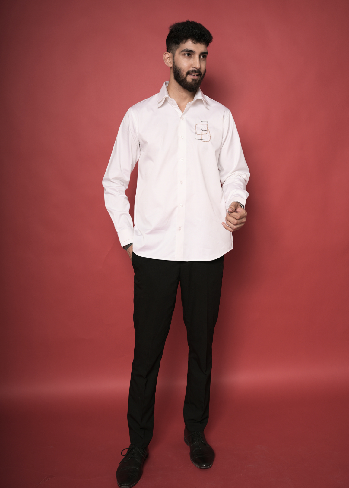 White Handwork Shirt for Men | Architectural Tubelight Motif | Double Collar | Giza Cotton | Party, Cocktail & Formal Occasion Shirt | RichArt