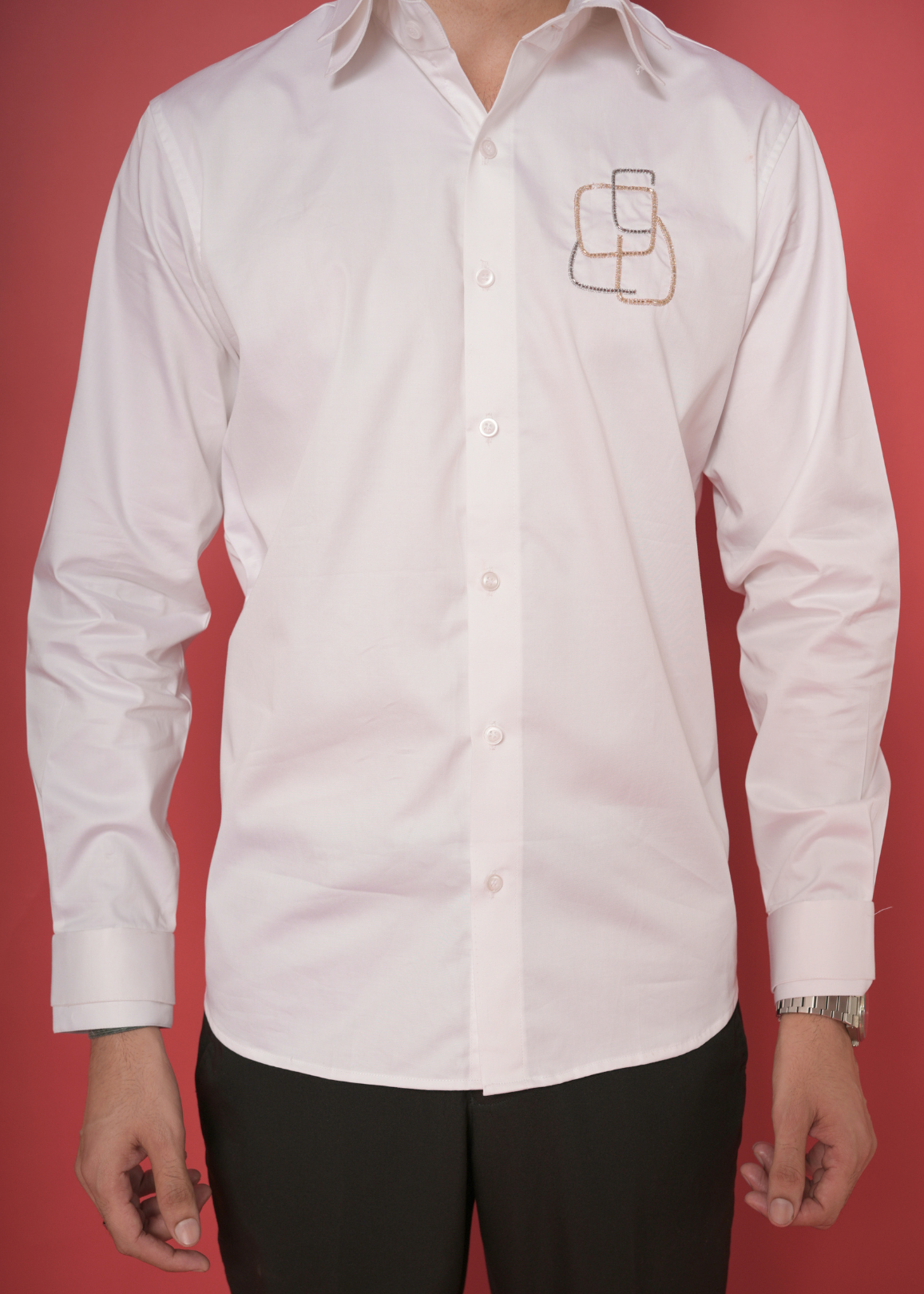 White Handwork Shirt for Men | Architectural Tubelight Motif | Double Collar | Giza Cotton | Party, Cocktail & Formal Occasion Shirt | RichArt