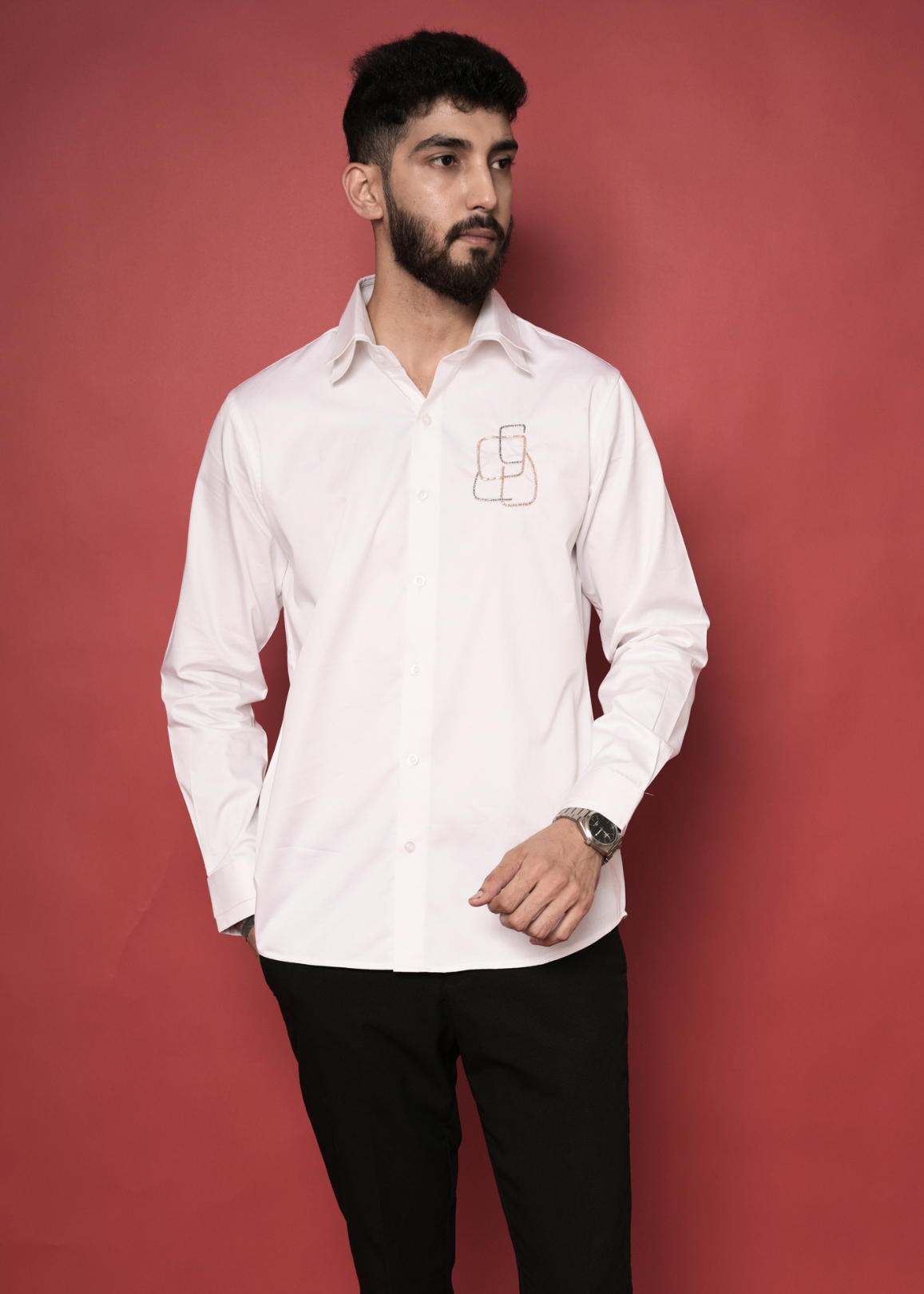 White Handwork Shirt for Men | Architectural Tubelight Motif | Double Collar | Giza Cotton | Party, Cocktail & Formal Occasion Shirt | RichArt