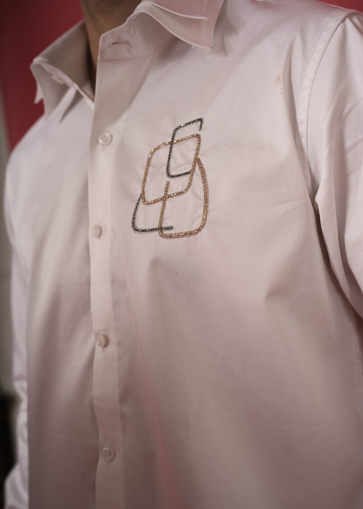 White Handwork Shirt for Men | Architectural Tubelight Motif | Double Collar | Giza Cotton | Party, Cocktail & Formal Occasion Shirt | RichArt