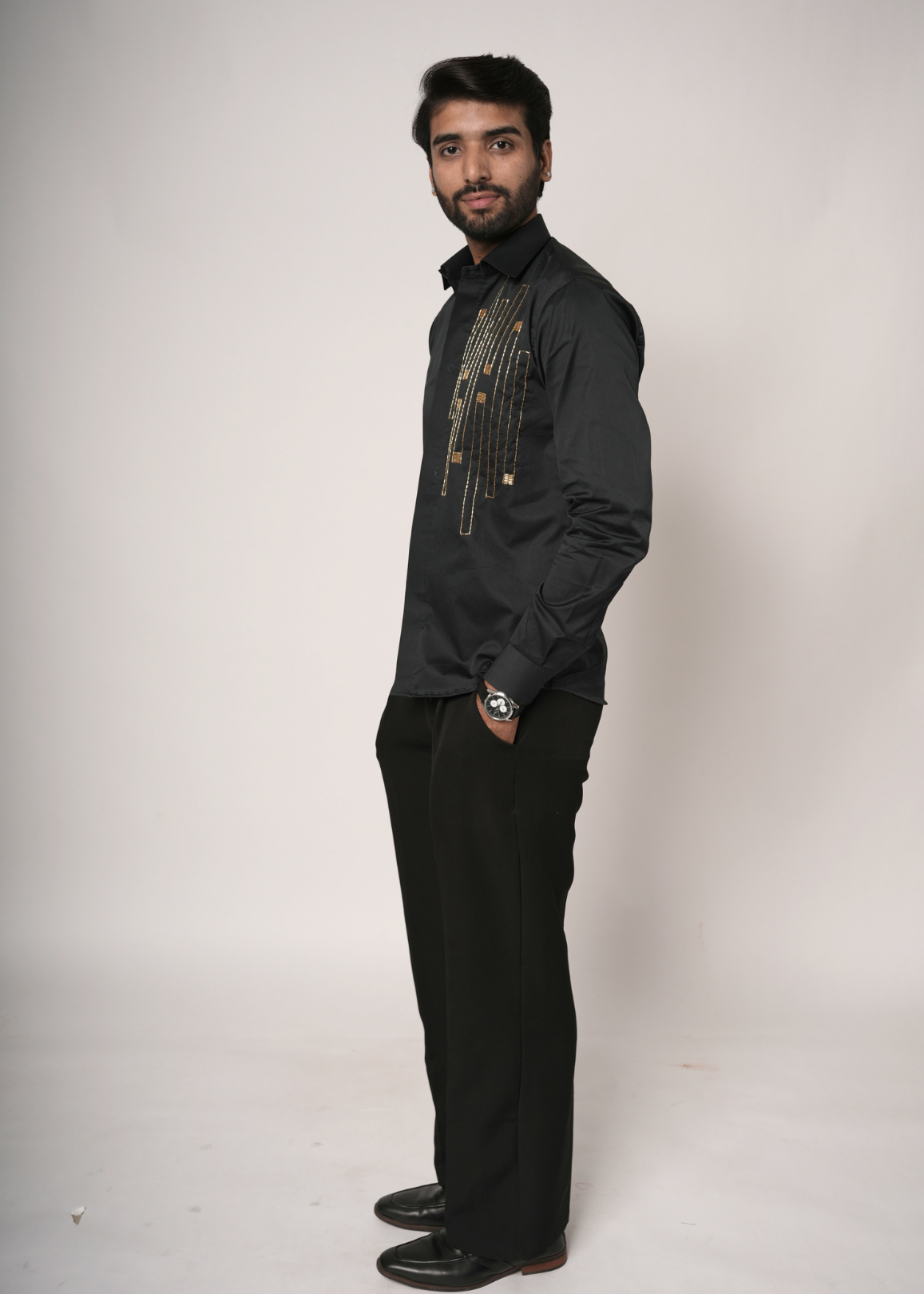 Jet Black Gold Cascade Tubelight Shirt for Men | Geometric Waterfall Motif | Giza Cotton | Sangeet, NYE, Party & Cocktail Wear | RichArt