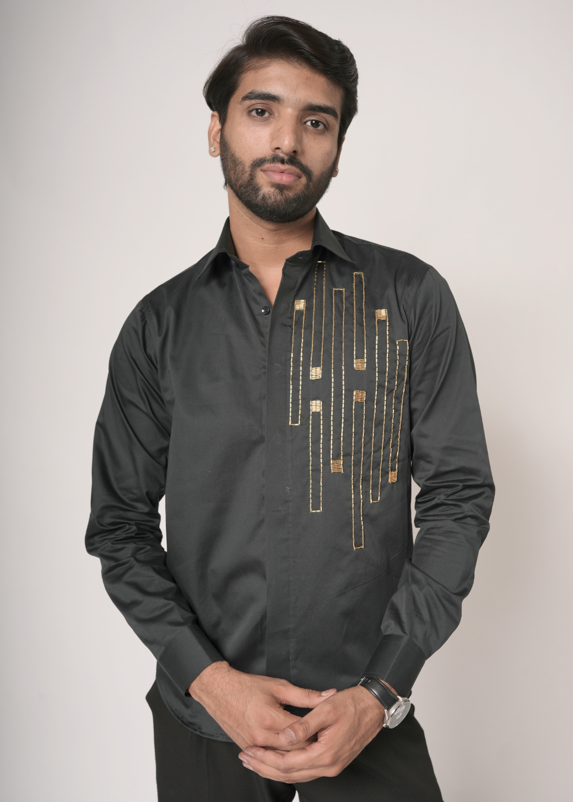 Jet Black Gold Cascade Tubelight Shirt for Men | Geometric Waterfall Motif | Giza Cotton | Sangeet, NYE, Party & Cocktail Wear | RichArt