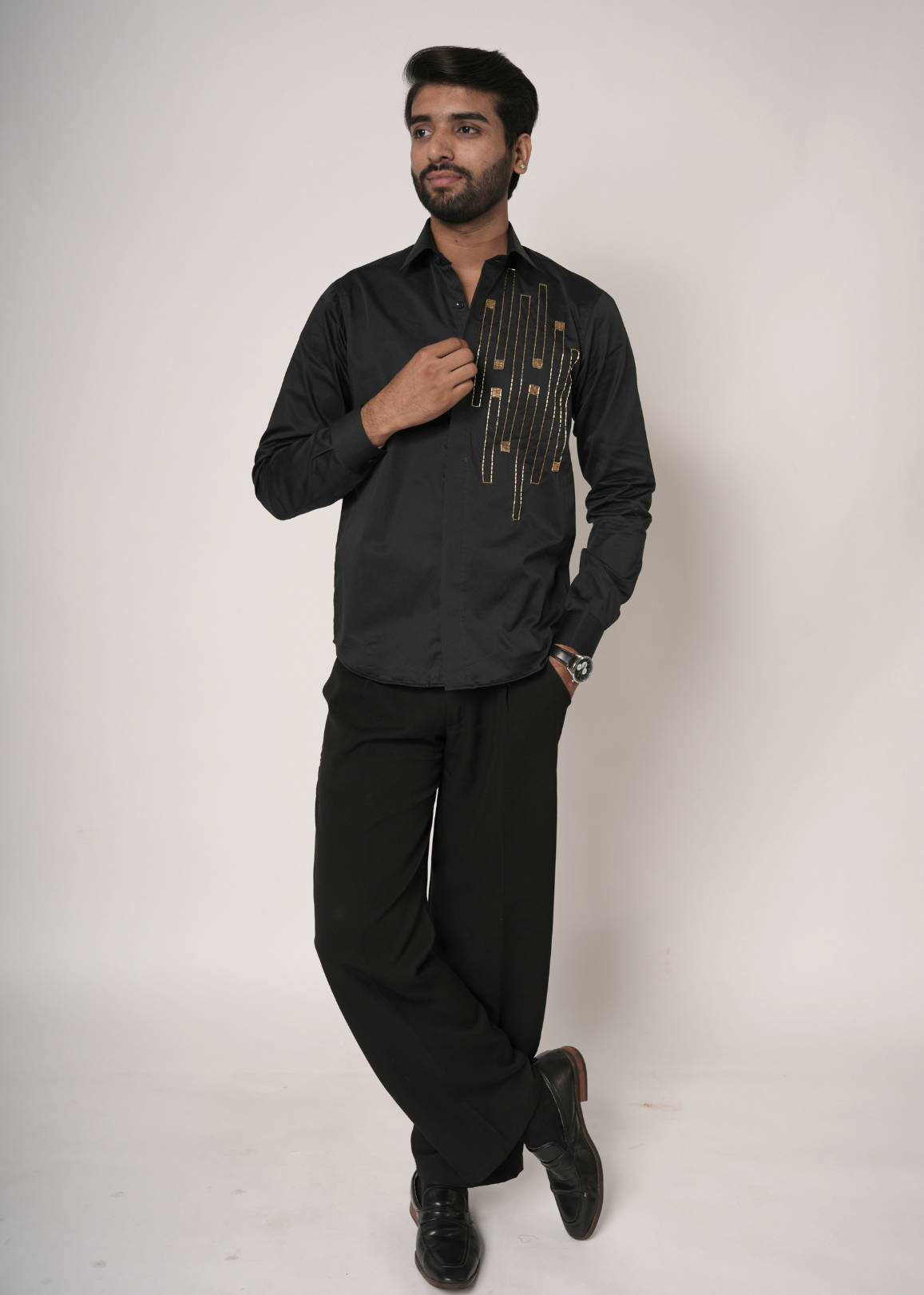 Jet Black Gold Cascade Tubelight Shirt for Men | Geometric Waterfall Motif | Giza Cotton | Sangeet, NYE, Party & Cocktail Wear | RichArt
