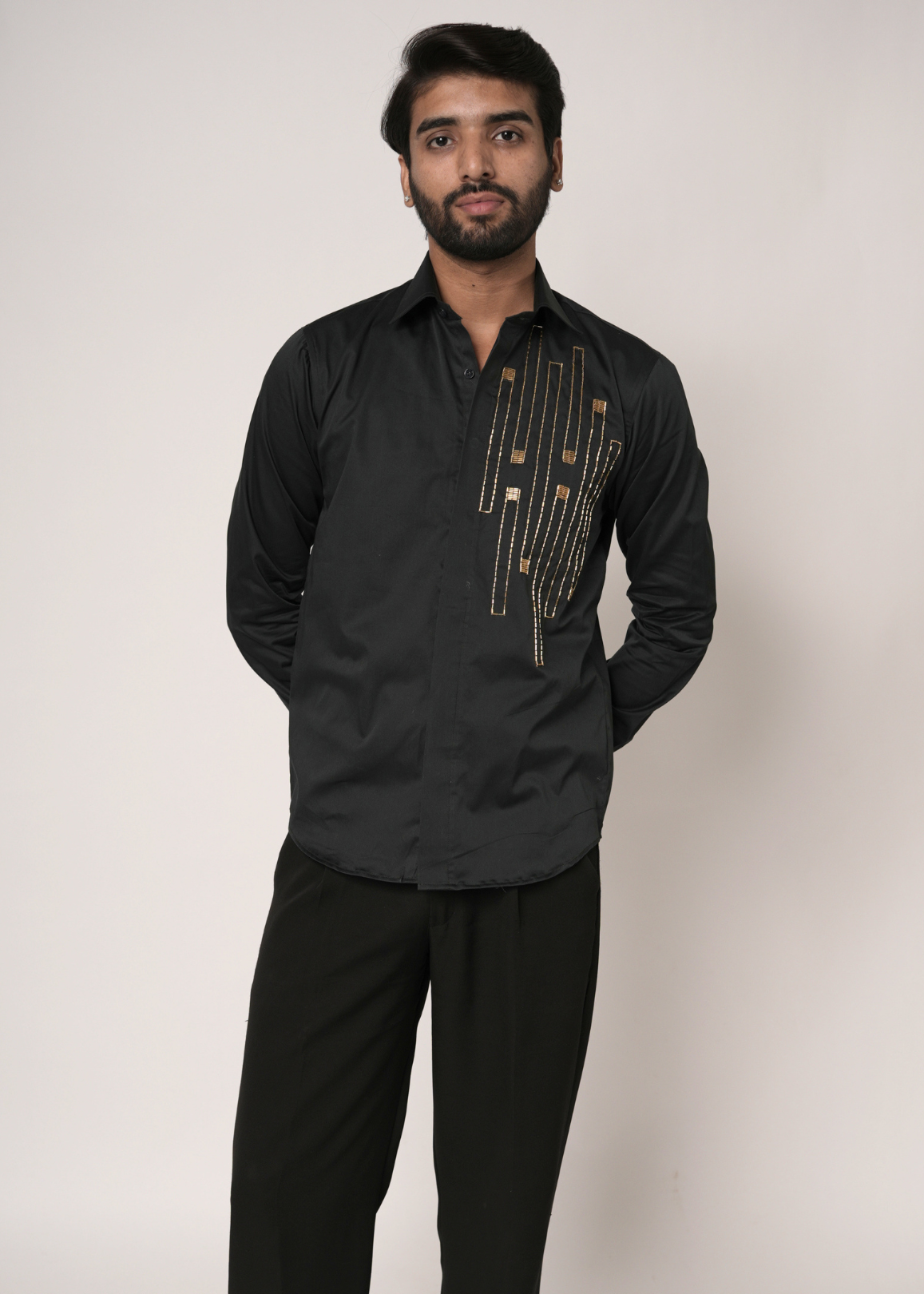 Jet Black Gold Cascade Tubelight Shirt for Men | Geometric Waterfall Motif | Giza Cotton | Sangeet, NYE, Party & Cocktail Wear | RichArt