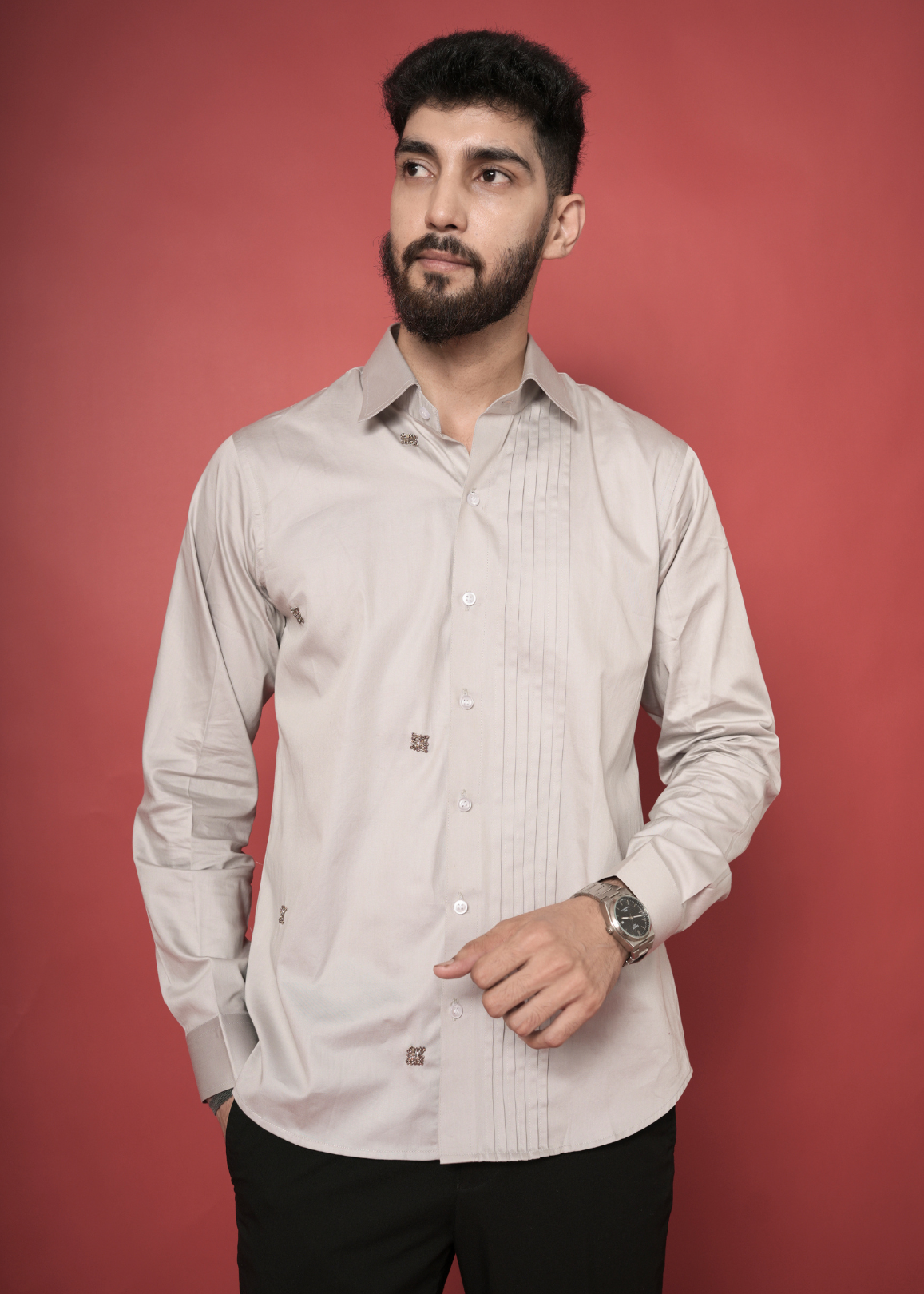 Cream Handwork Shirt for Men | Pin-Tuck Front | Giza Cotton | Party Wear, Sangeet, Haldi, Wedding & Cocktail Shirt | RichArt