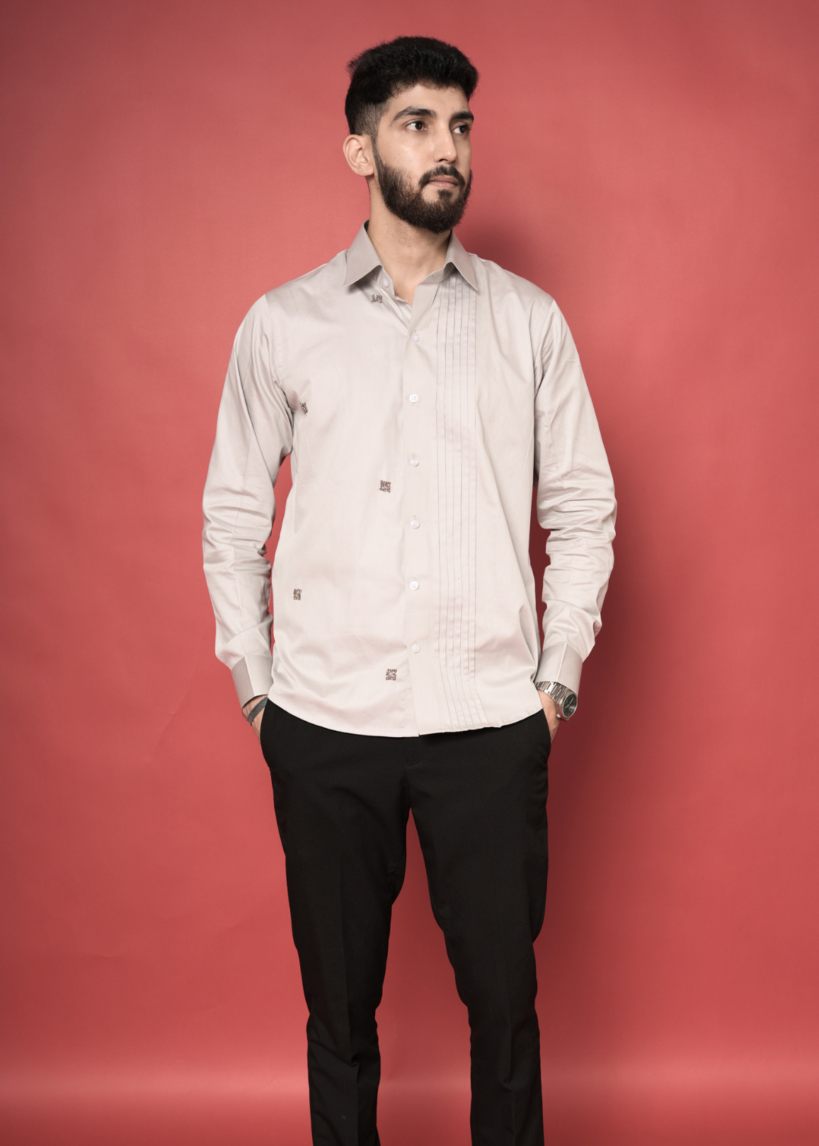 Cream Handwork Shirt for Men | Pin-Tuck Front | Giza Cotton | Party Wear, Sangeet, Haldi, Wedding & Cocktail Shirt | RichArt