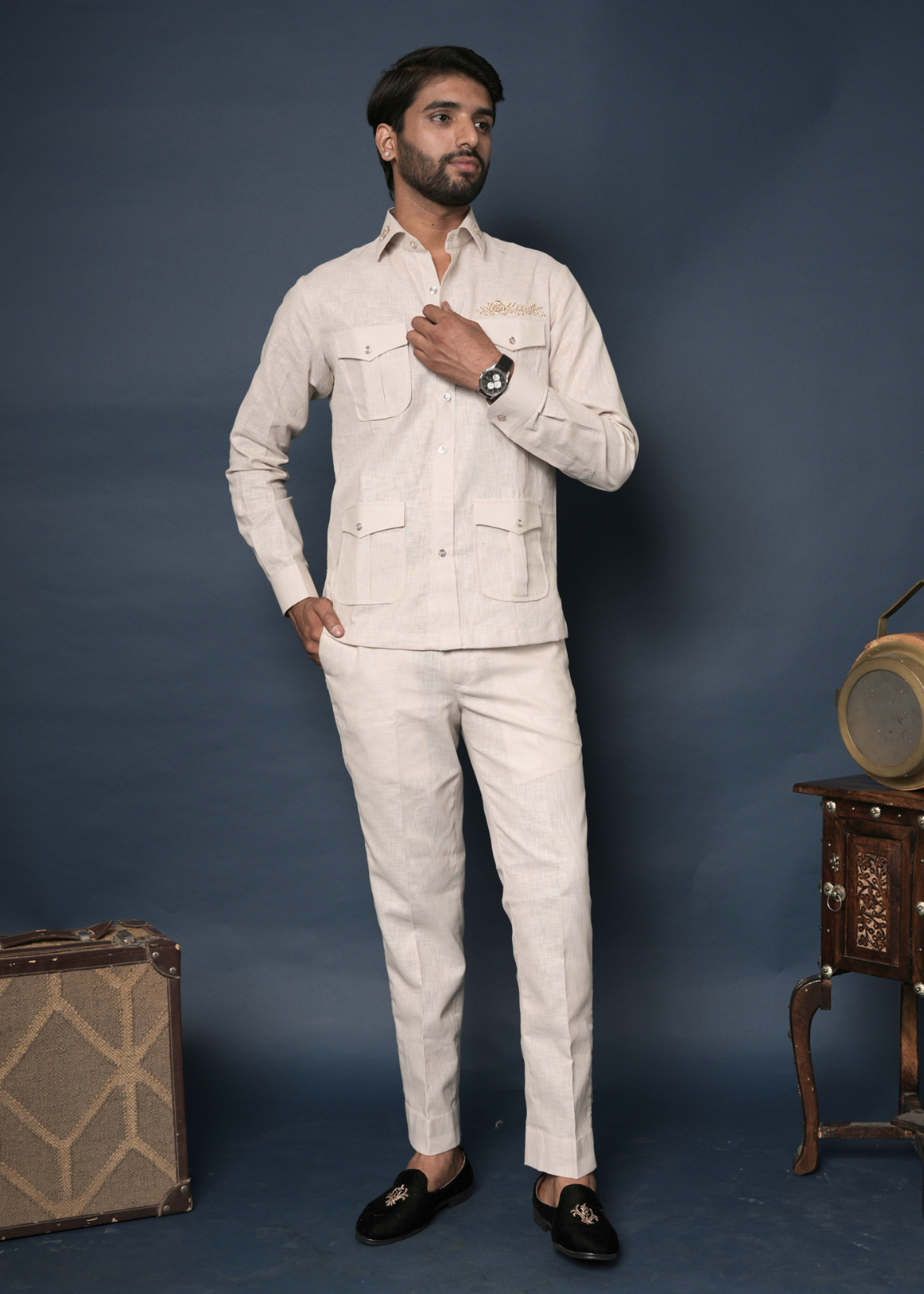 Off-White Linen Co-ord Set for Men | Safari Shirt + Trouser | Zardozi Collar Accent | Destination Wedding & Summer Party Wear | RichArt