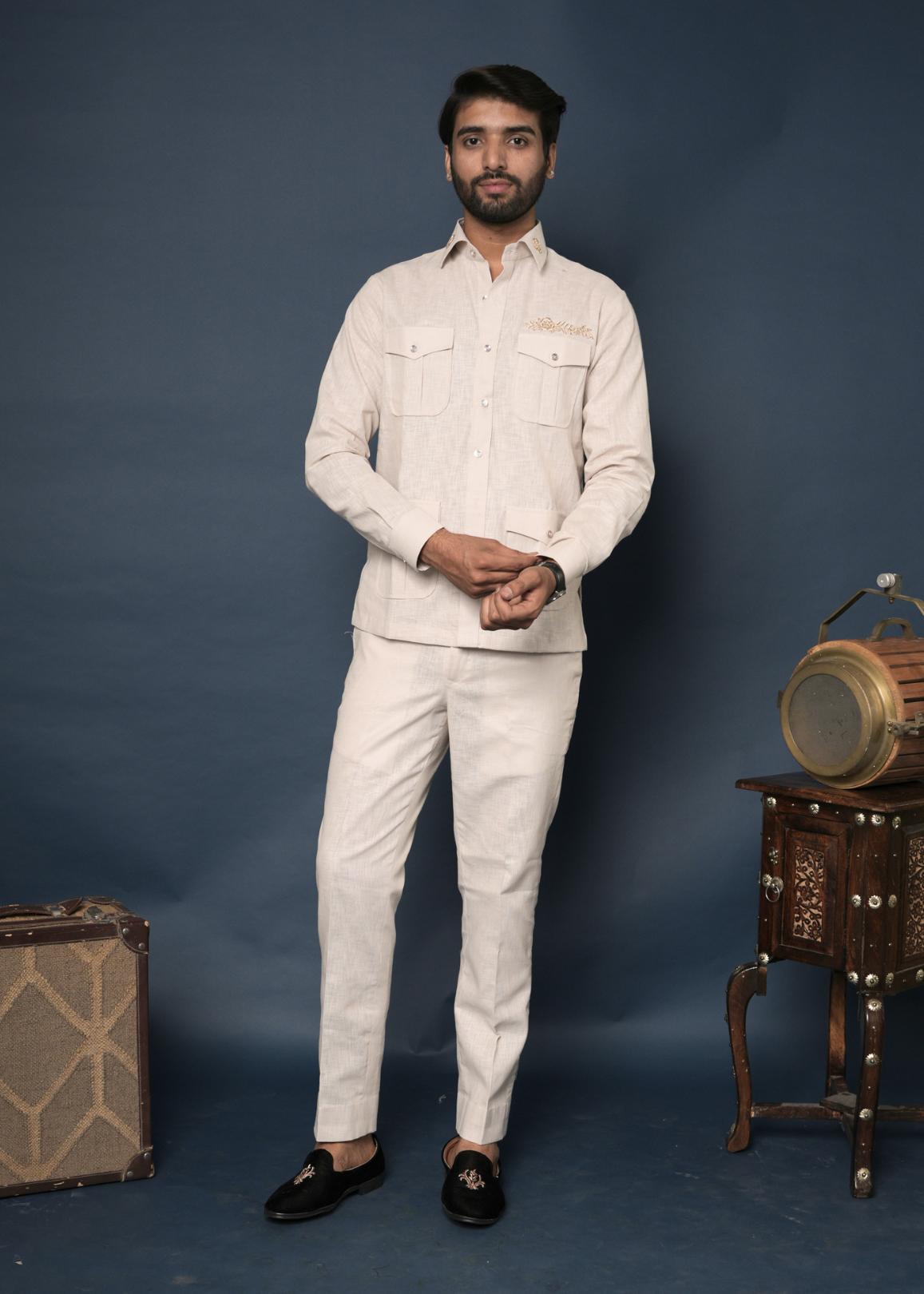 Off-White Linen Co-ord Set for Men | Safari Shirt + Trouser | Zardozi Collar Accent | Destination Wedding & Summer Party Wear | RichArt