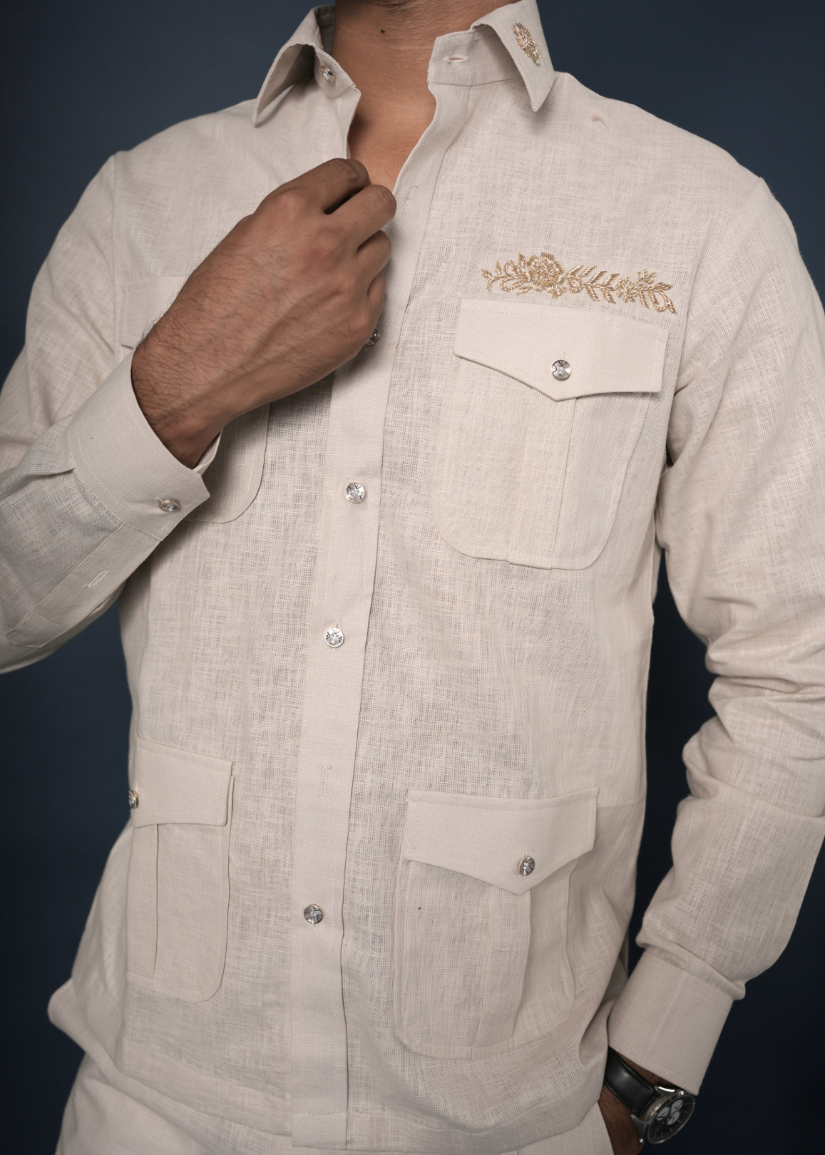 Off-White Linen Co-ord Set for Men | Safari Shirt + Trouser | Zardozi Collar Accent | Destination Wedding & Summer Party Wear | RichArt