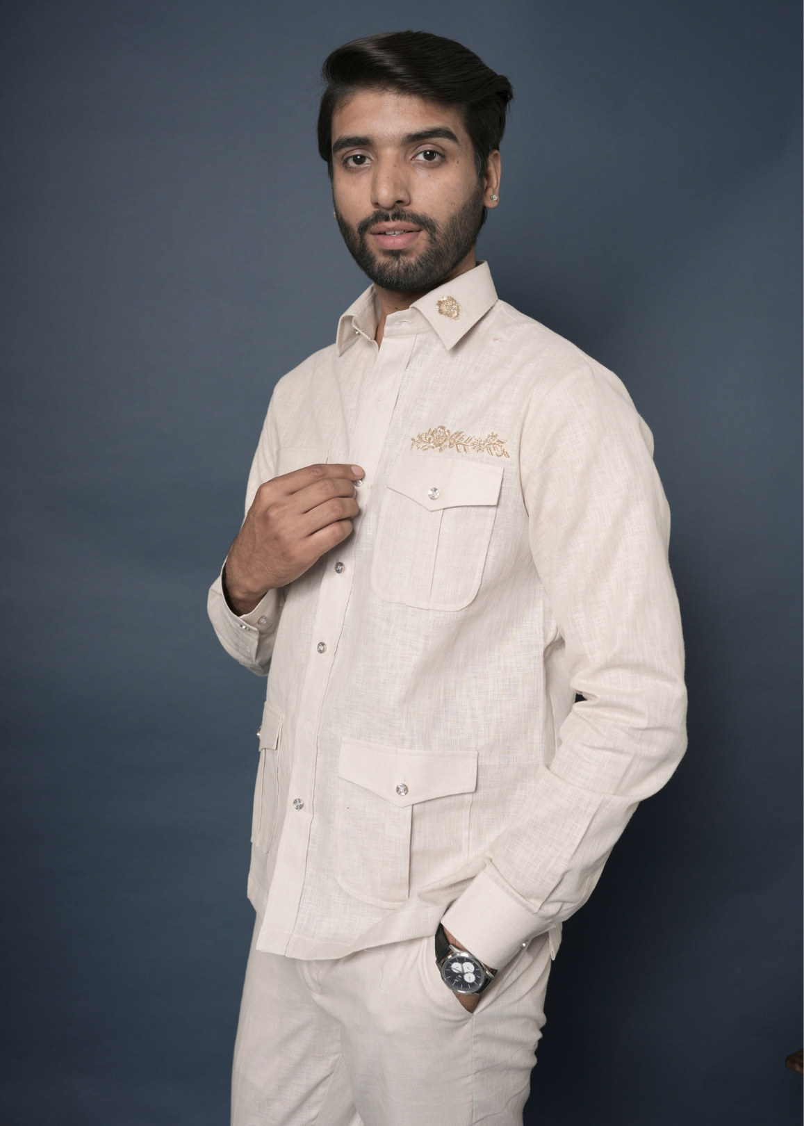 Off-White Linen Co-ord Set for Men | Safari Shirt + Trouser | Zardozi Collar Accent | Destination Wedding & Summer Party Wear | RichArt