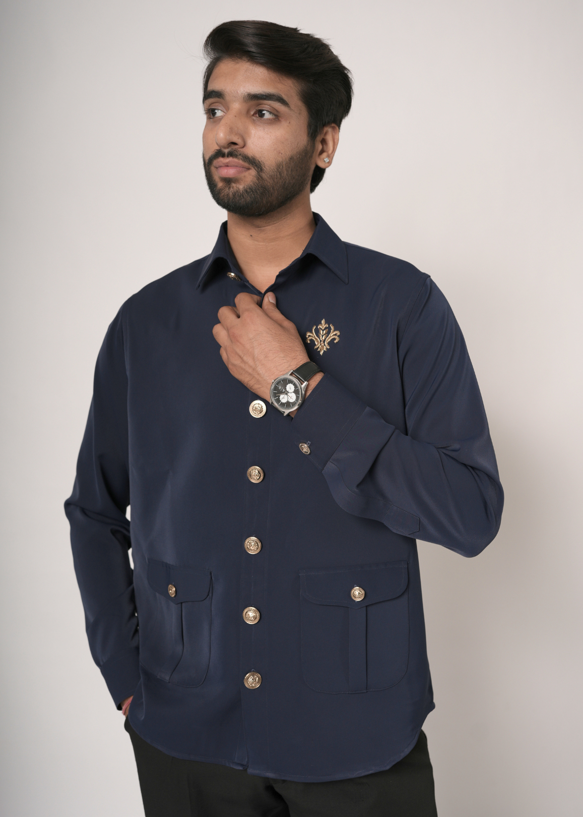 Navy Blue Zardozi Shirt for Men | Lachka Fabric | Structured Nehru-Collar Overshirt | Sangeet, Cocktail, Wedding & Party Wear | RichArt