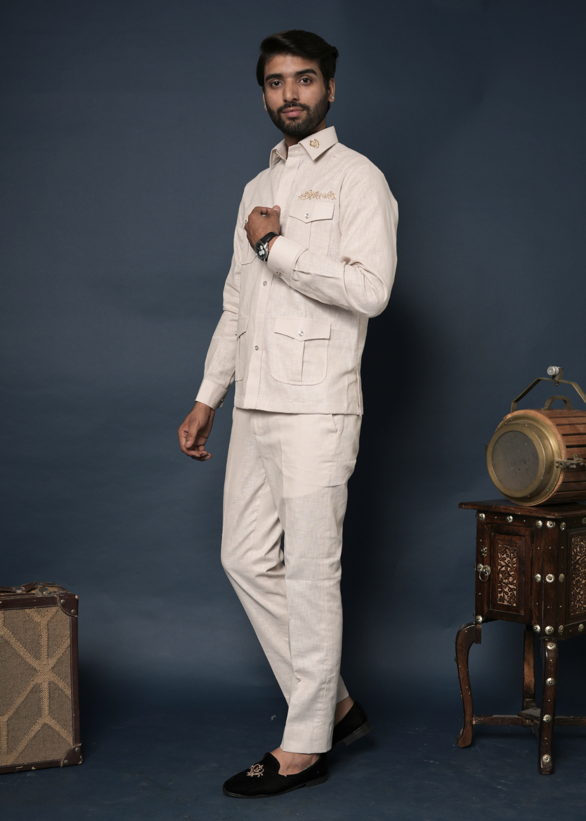 Off-White Linen Co-ord Set for Men | Safari Shirt + Trouser | Zardozi Collar Accent | Destination Wedding & Summer Party Wear | RichArt