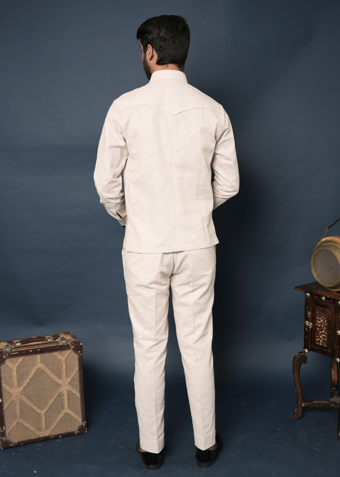 Off-White Linen Co-ord Set for Men | Safari Shirt + Trouser | Zardozi Collar Accent | Destination Wedding & Summer Party Wear | RichArt