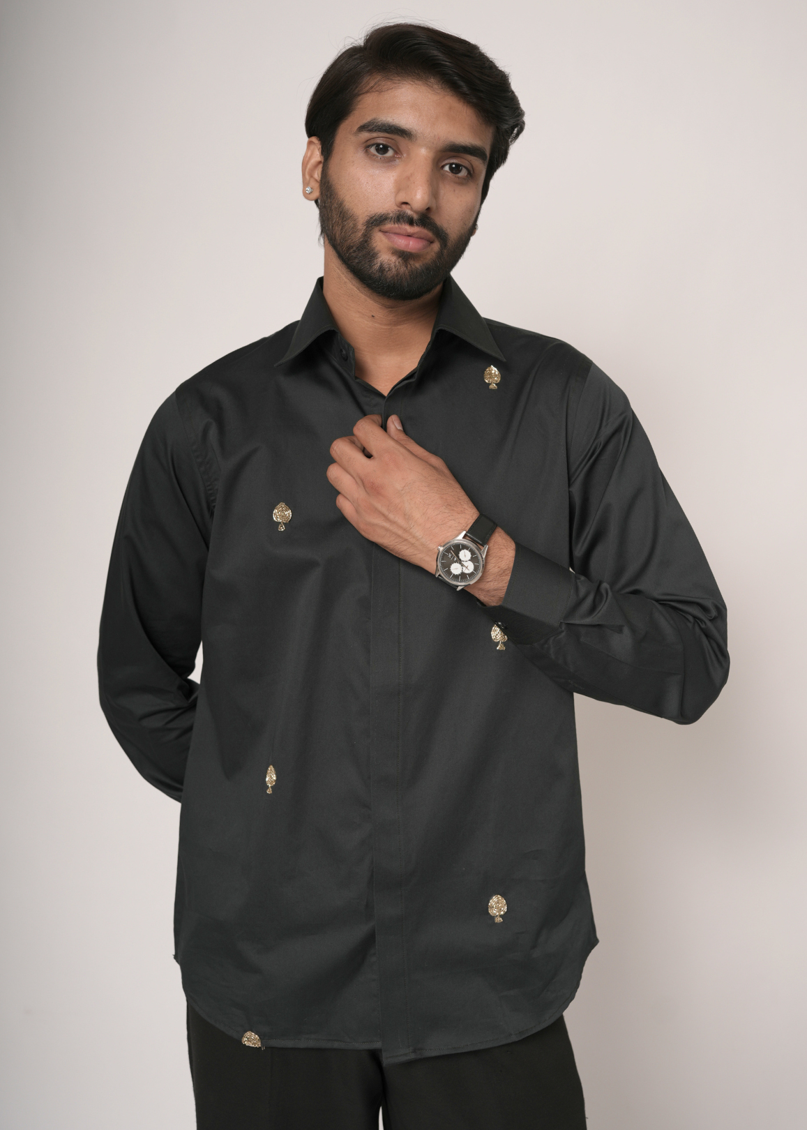 Jet Black Tubelight Handwork Shirt for Men | Gold Hardware Detail | Giza Cotton | Slim Fit | Party, Sangeet, Cocktail & Wedding Guest Wear | RichArt by Suhani