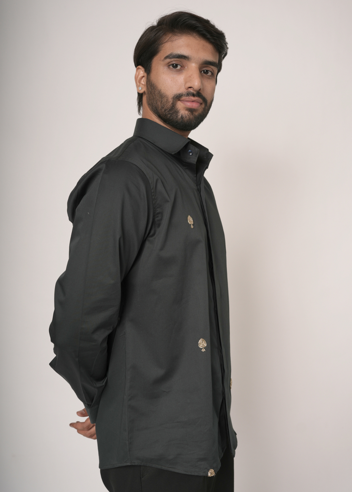 Jet Black Tubelight Handwork Shirt for Men | Gold Hardware Detail | Giza Cotton | Slim Fit | Party, Sangeet, Cocktail & Wedding Guest Wear | RichArt by Suhani