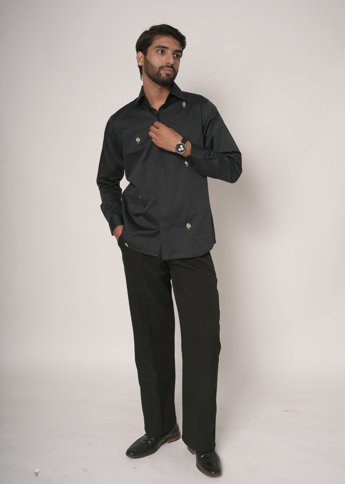 Jet Black Tubelight Handwork Shirt for Men | Gold Hardware Detail | Giza Cotton | Slim Fit | Party, Sangeet, Cocktail & Wedding Guest Wear | RichArt by Suhani