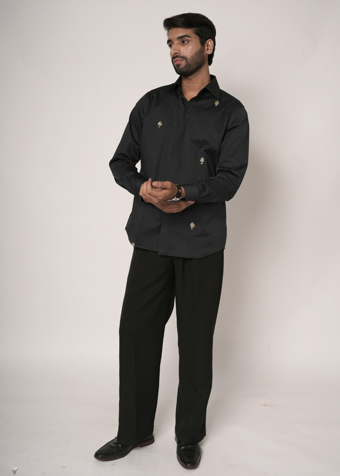 Jet Black Tubelight Handwork Shirt for Men | Gold Hardware Detail | Giza Cotton | Slim Fit | Party, Sangeet, Cocktail & Wedding Guest Wear | RichArt by Suhani