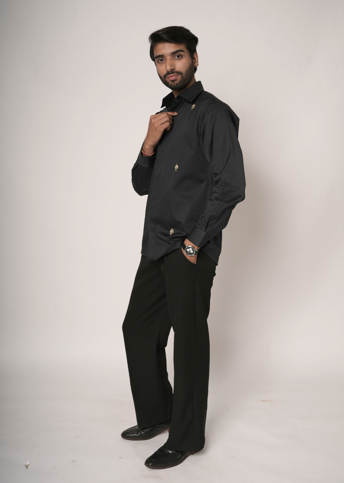 Jet Black Tubelight Handwork Shirt for Men | Gold Hardware Detail | Giza Cotton | Slim Fit | Party, Sangeet, Cocktail & Wedding Guest Wear | RichArt by Suhani