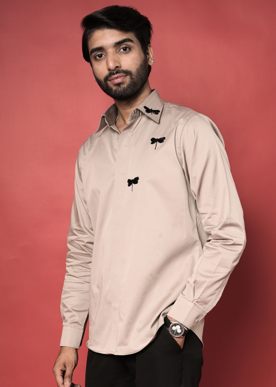 Warm Beige Handwork Shirt for Men | Dragonfly Tubelight Motif | Giza Cotton | Party, Cocktail, Sangeet & Semi-Formal Wear | RichArt