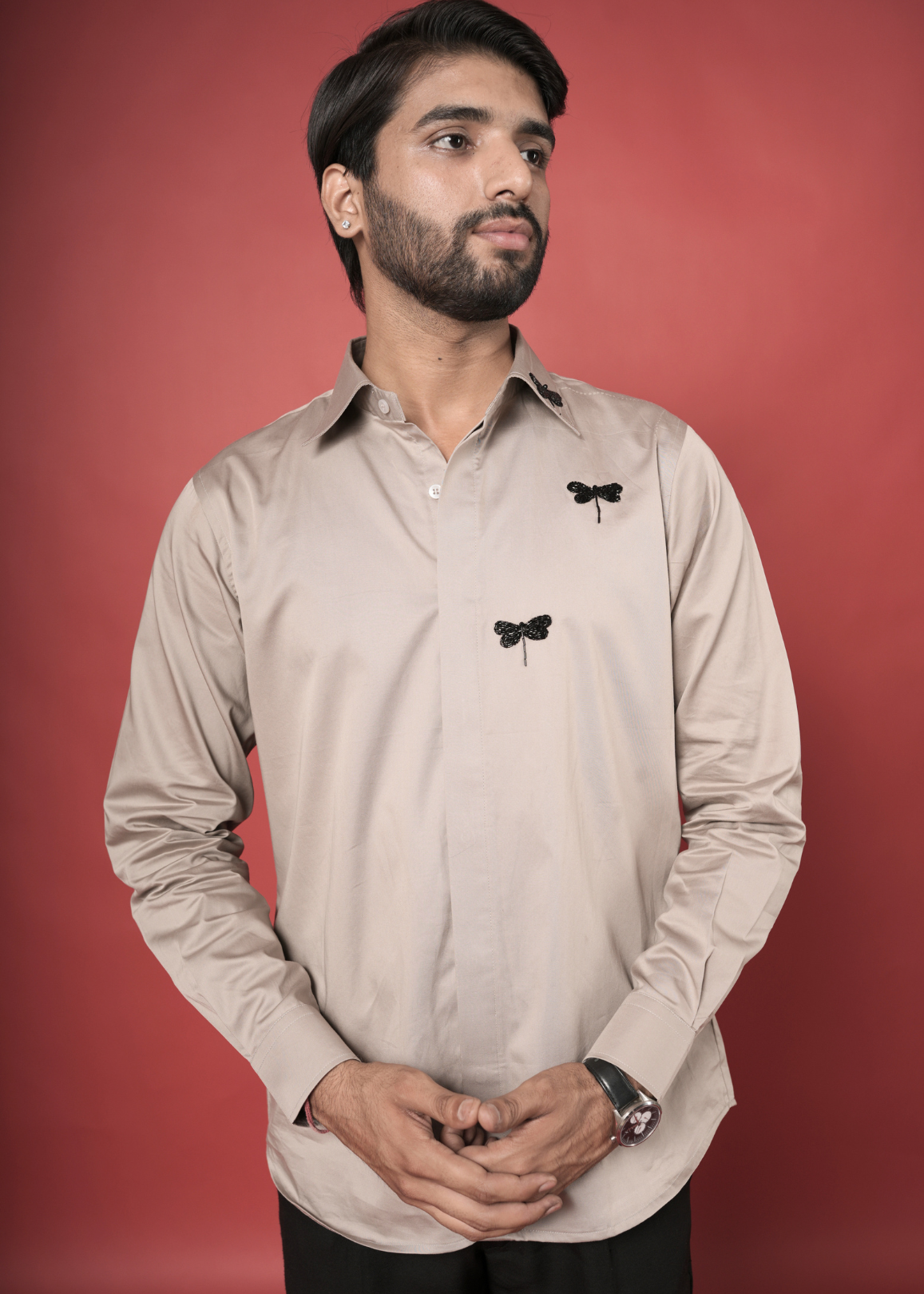 Warm Beige Handwork Shirt for Men | Dragonfly Tubelight Motif | Giza Cotton | Party, Cocktail, Sangeet & Semi-Formal Wear | RichArt