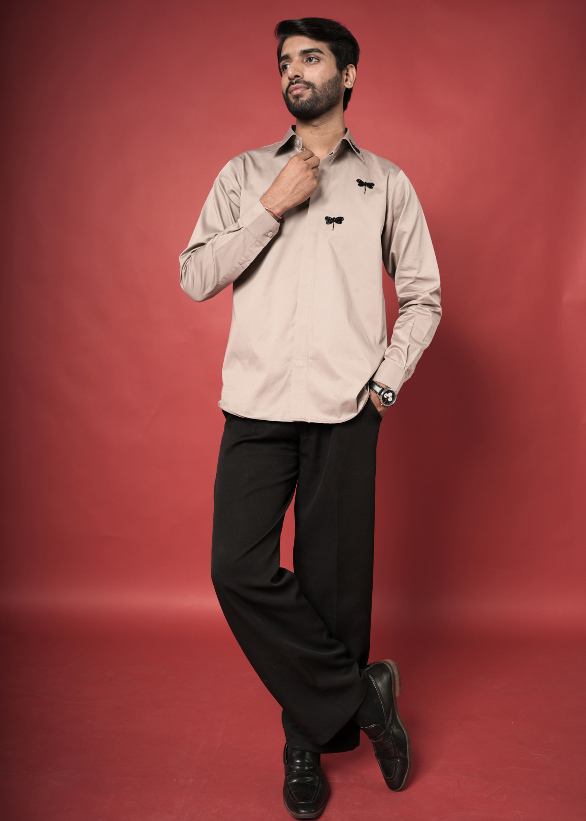 Warm Beige Handwork Shirt for Men | Dragonfly Tubelight Motif | Giza Cotton | Party, Cocktail, Sangeet & Semi-Formal Wear | RichArt