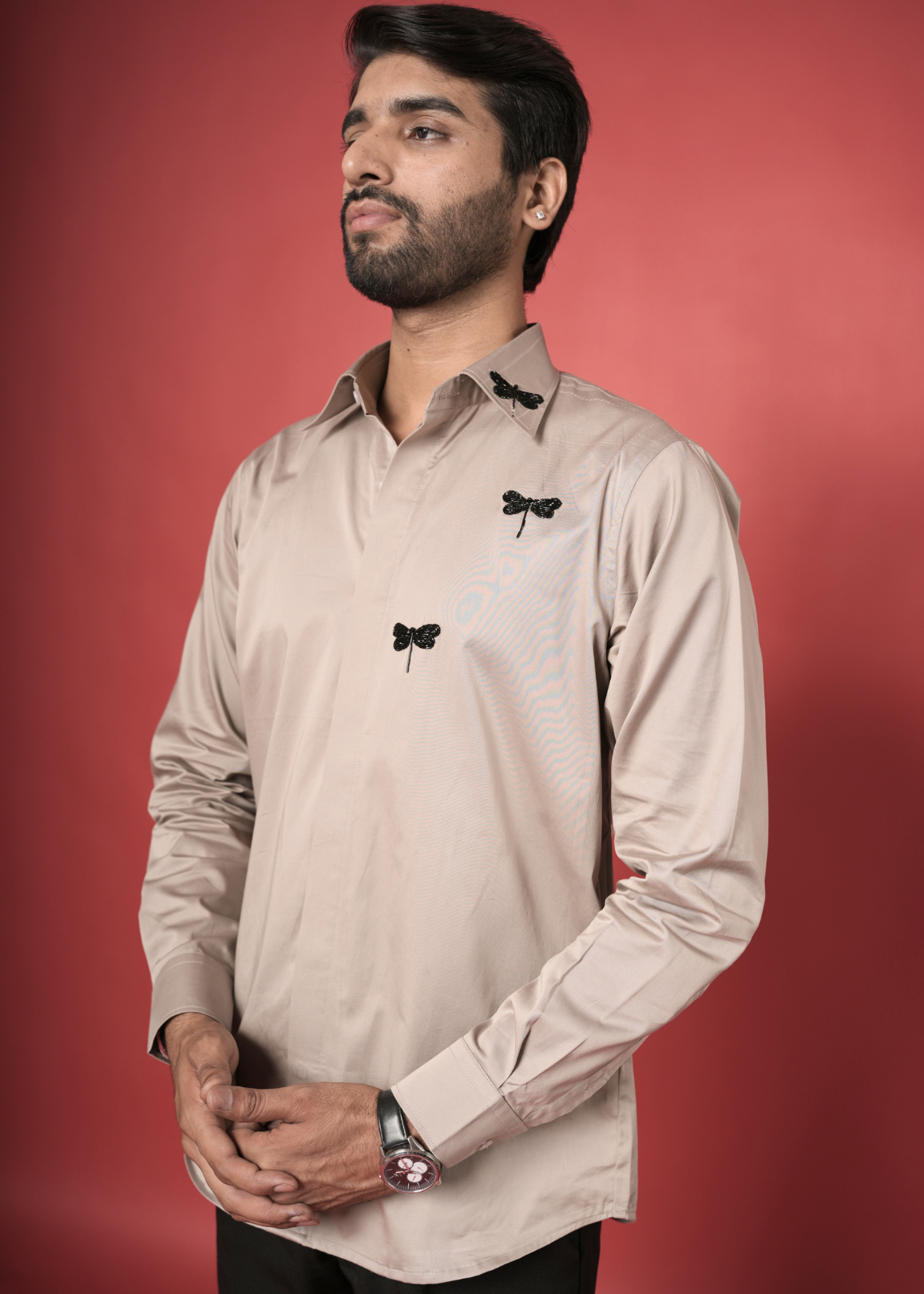 Warm Beige Handwork Shirt for Men | Dragonfly Tubelight Motif | Giza Cotton | Party, Cocktail, Sangeet & Semi-Formal Wear | RichArt