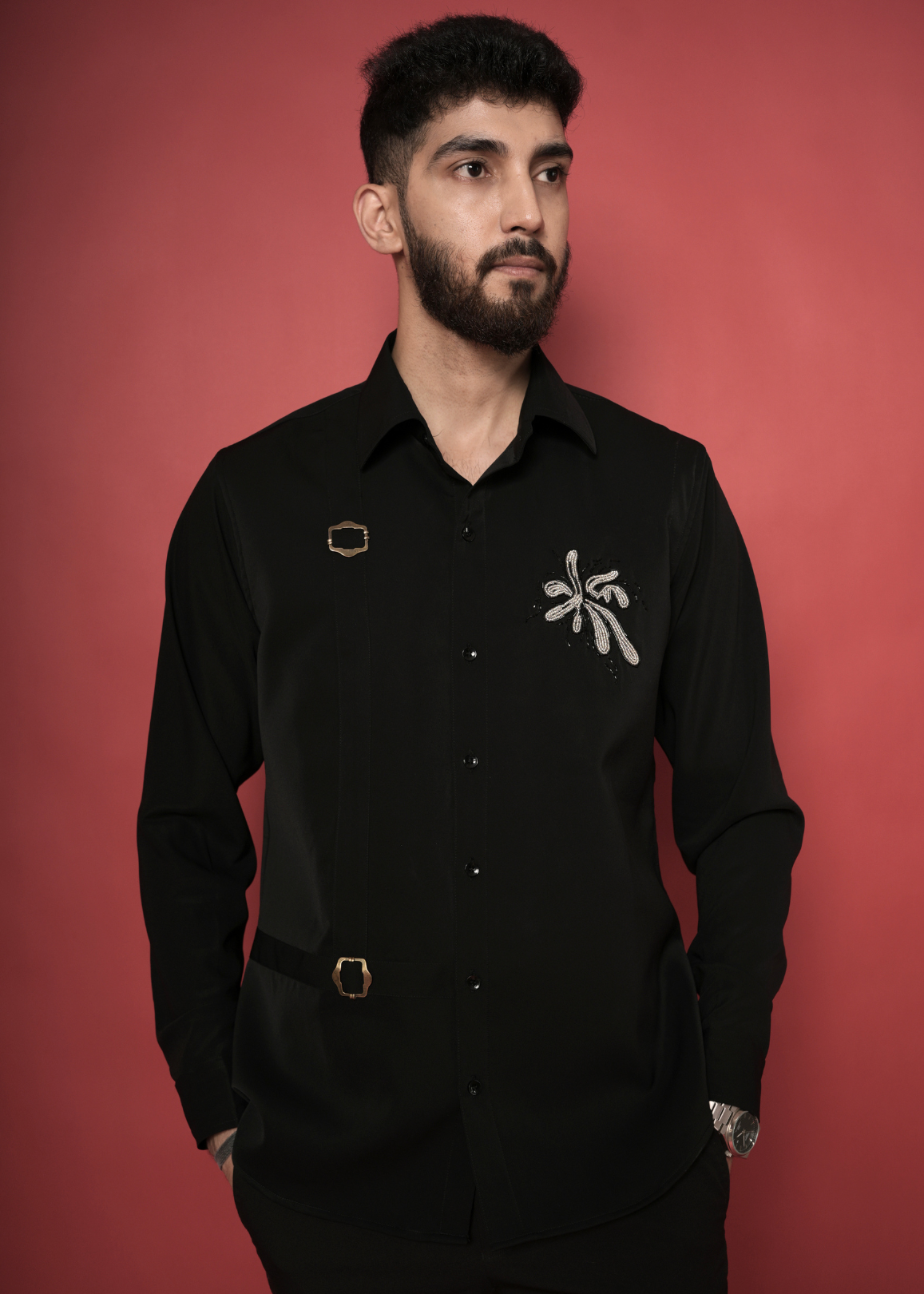 Jet Black Designer Shirt for Men | Lachka Fabric | Tubelight Bead Starburst Motif | Party, Sangeet, Cocktail & Wedding Guest Shirt | RichArt