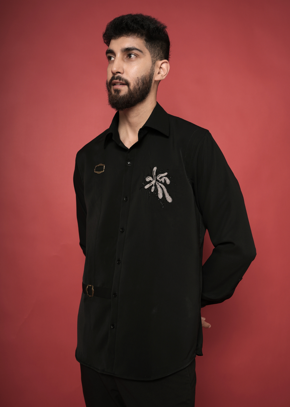 Jet Black Designer Shirt for Men | Lachka Fabric | Tubelight Bead Starburst Motif | Party, Sangeet, Cocktail & Wedding Guest Shirt | RichArt