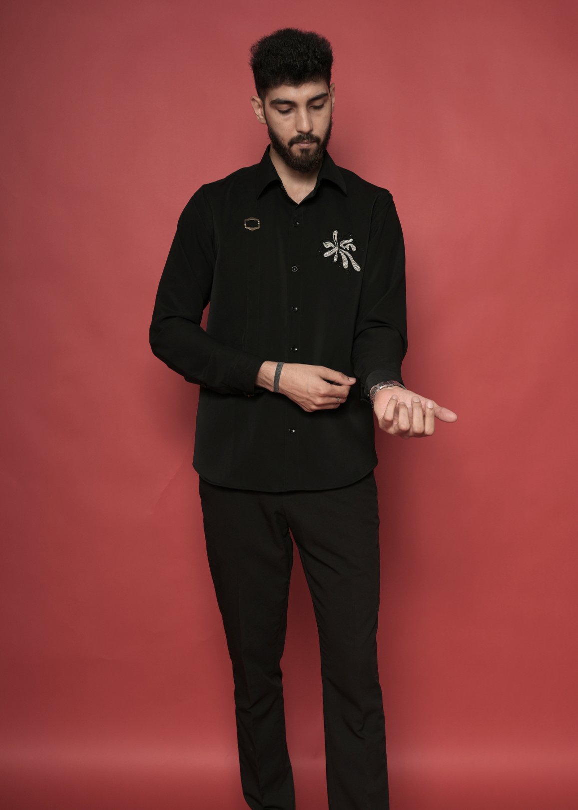 Jet Black Designer Shirt for Men | Lachka Fabric | Tubelight Bead Starburst Motif | Party, Sangeet, Cocktail & Wedding Guest Shirt | RichArt