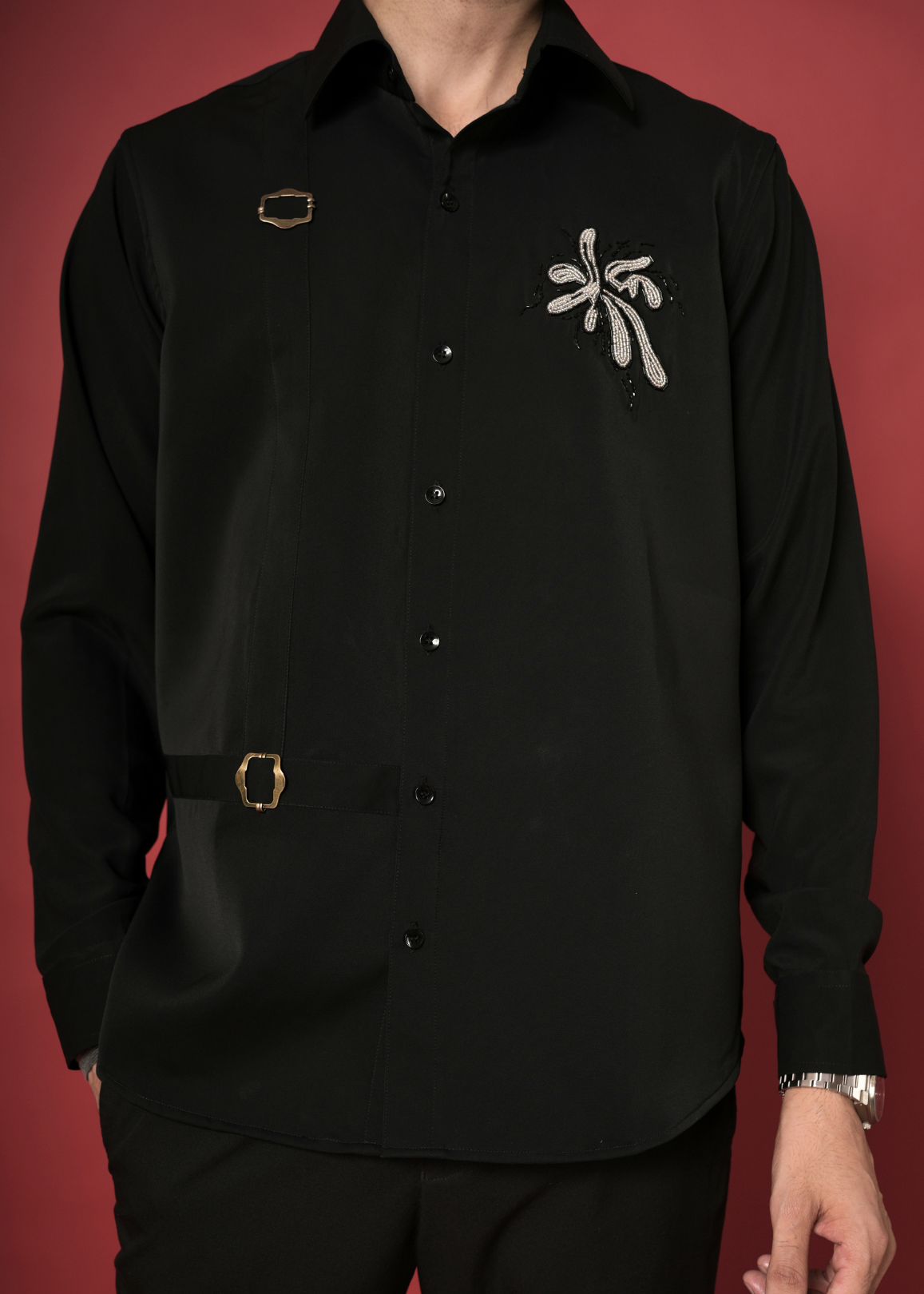 Jet Black Designer Shirt for Men | Lachka Fabric | Tubelight Bead Starburst Motif | Party, Sangeet, Cocktail & Wedding Guest Shirt | RichArt