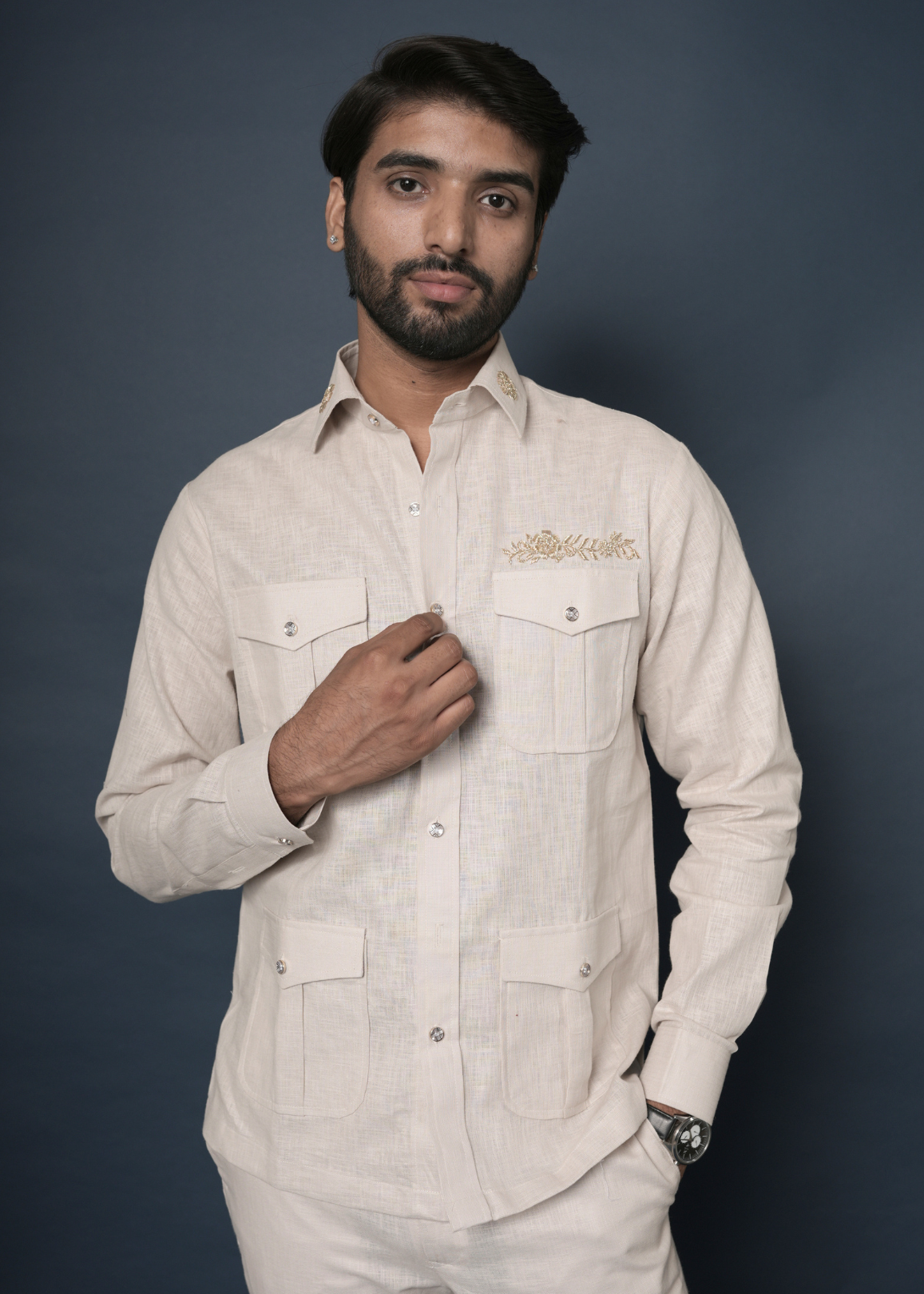Off-White Linen Safari Shirt for Men | Zardozi Collar Accent | 4-Pocket | Destination Wedding, Beach Wedding, Summer Party Wear | RichArt