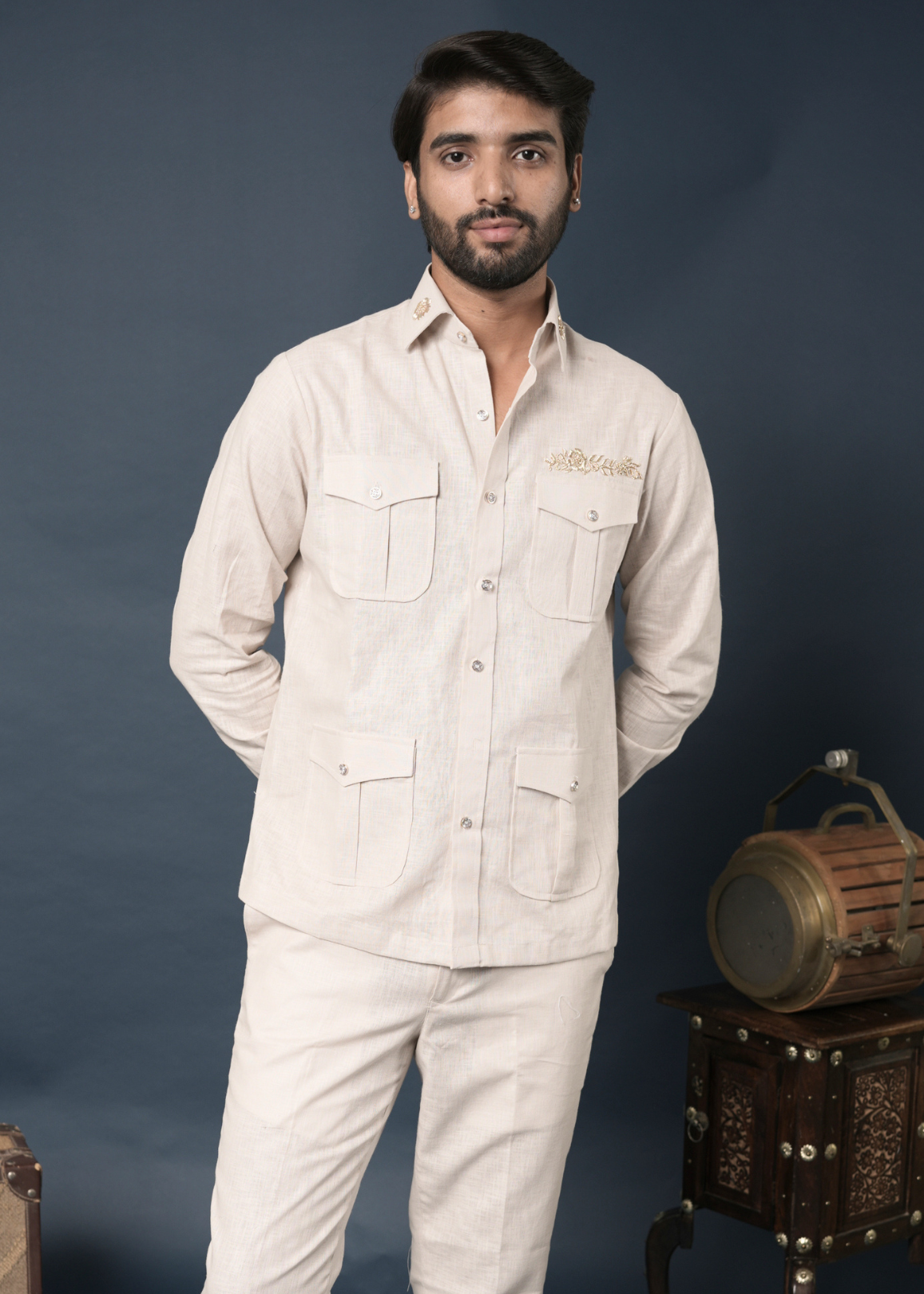 Off-White Linen Safari Shirt for Men | Zardozi Collar Accent | 4-Pocket | Destination Wedding, Beach Wedding, Summer Party Wear | RichArt