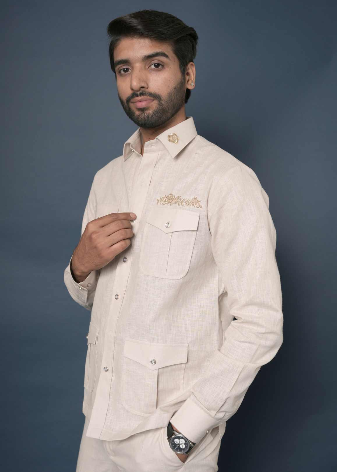 Off-White Linen Safari Shirt for Men | Zardozi Collar Accent | 4-Pocket | Destination Wedding, Beach Wedding, Summer Party Wear | RichArt