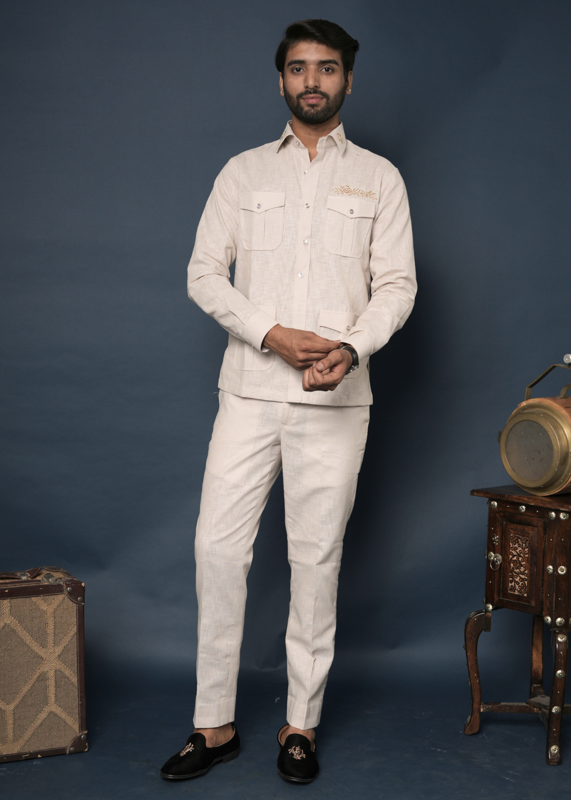 Off-White Linen Safari Shirt for Men | Zardozi Collar Accent | 4-Pocket | Destination Wedding, Beach Wedding, Summer Party Wear | RichArt
