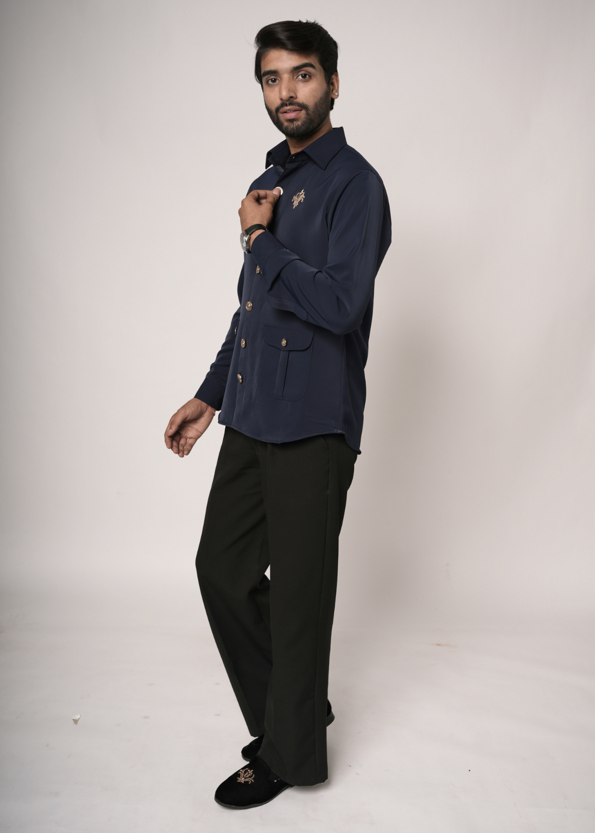 Navy Blue Zardozi Shirt for Men | Lachka Fabric | Structured Nehru-Collar Overshirt | Sangeet, Cocktail, Wedding & Party Wear | RichArt