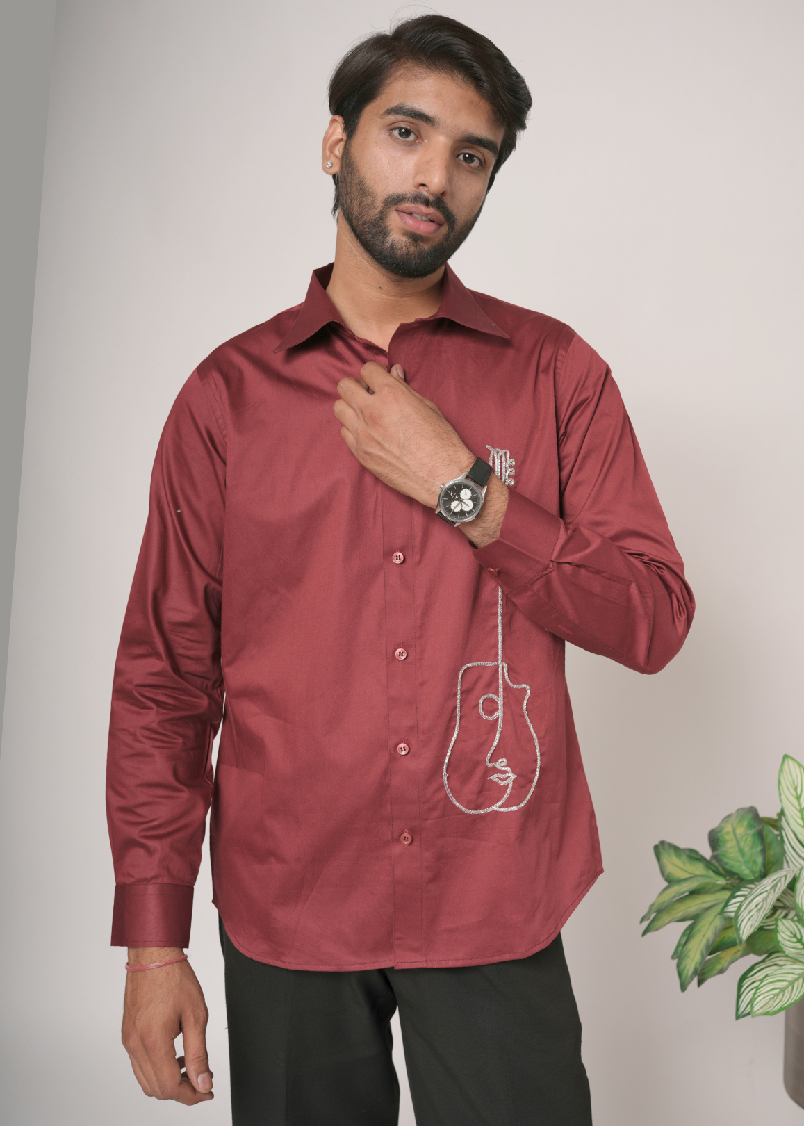 Maroon Handwork Shirt for Men | Tubelight Aari Work | Party Wear, Sangeet, Cocktail & Wedding Guest Shirt | Giza Cotton | RichArt