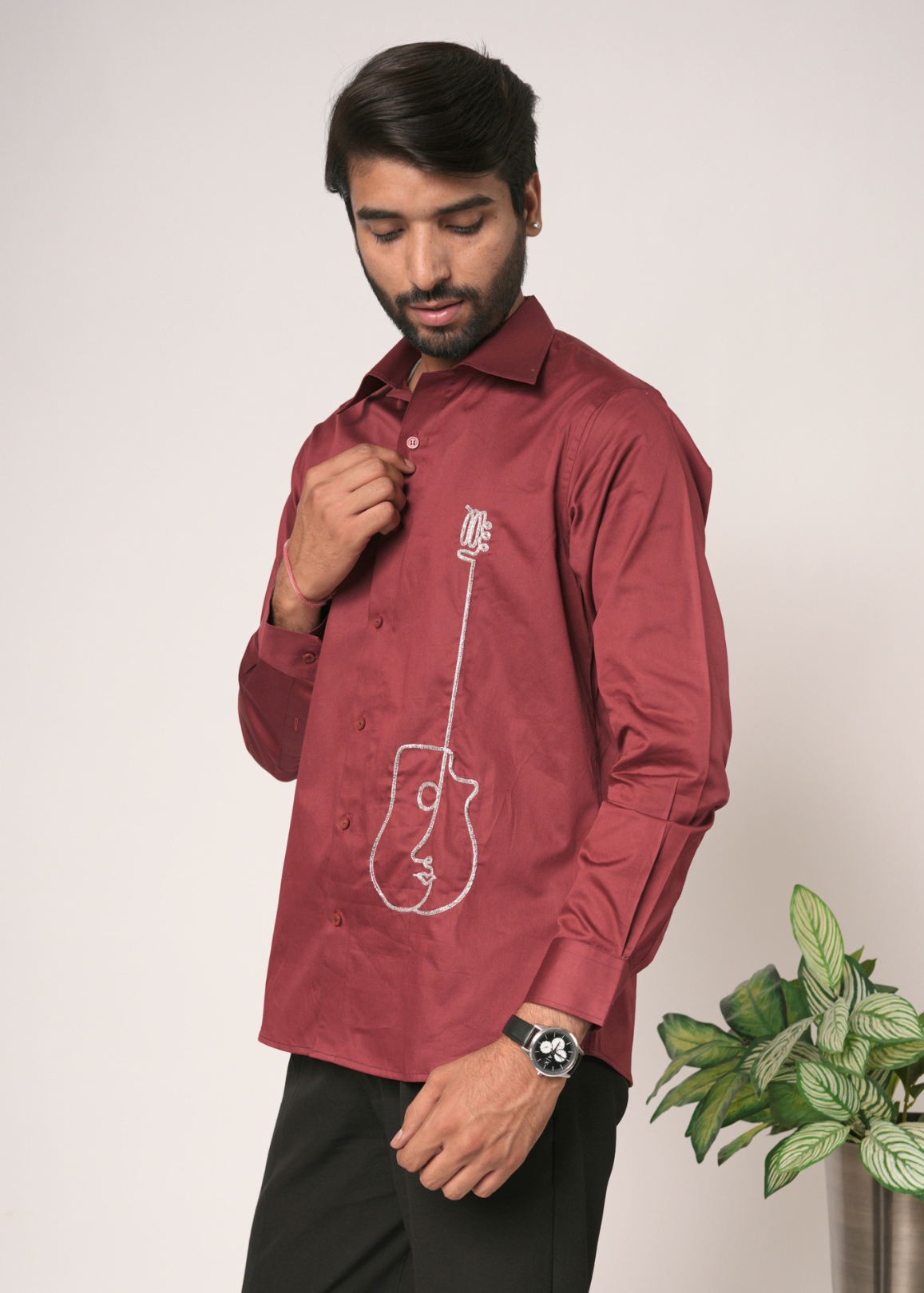 Maroon Handwork Shirt for Men | Tubelight Aari Work | Party Wear, Sangeet, Cocktail & Wedding Guest Shirt | Giza Cotton | RichArt