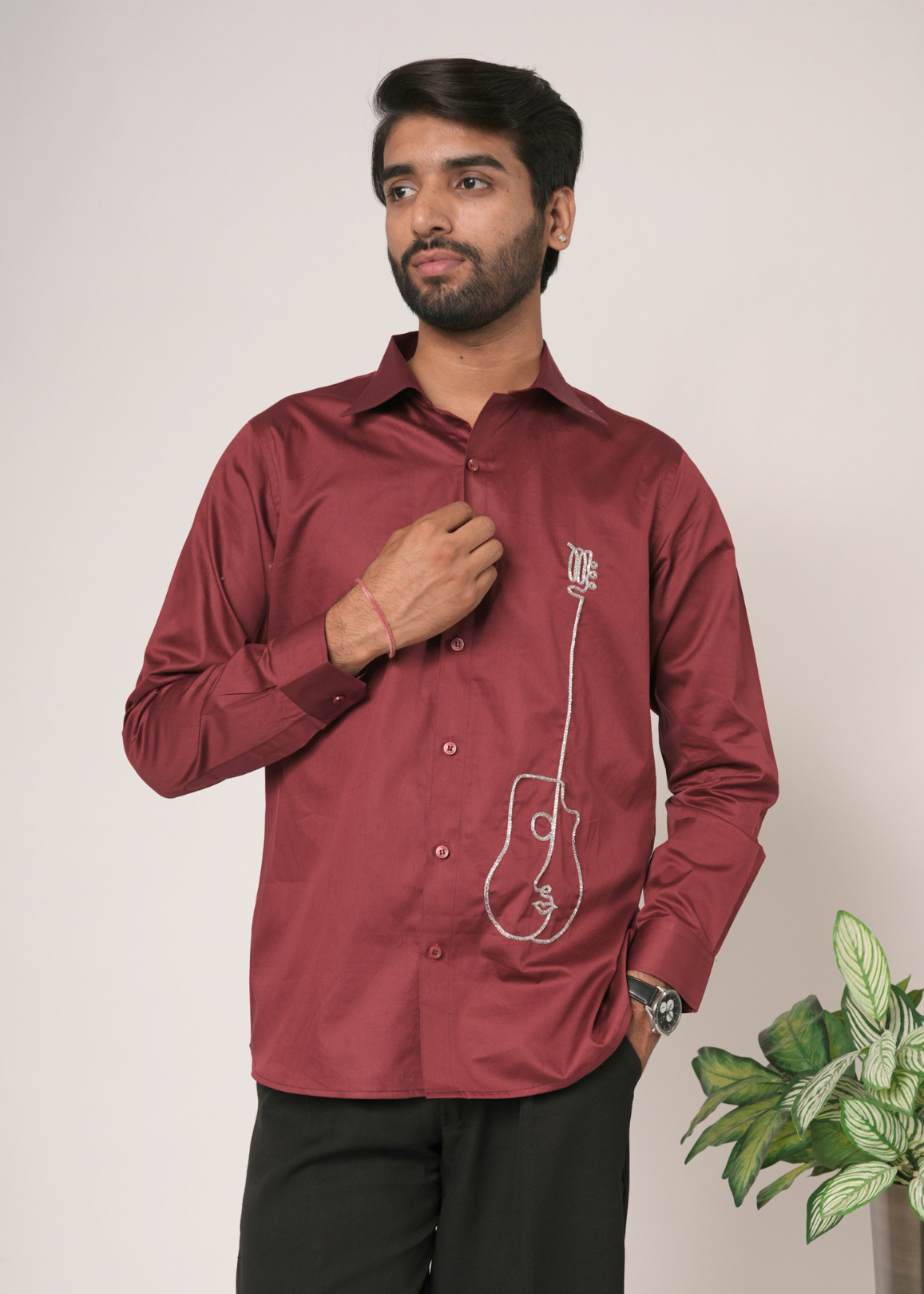 Maroon Handwork Shirt for Men | Tubelight Aari Work | Party Wear, Sangeet, Cocktail & Wedding Guest Shirt | Giza Cotton | RichArt
