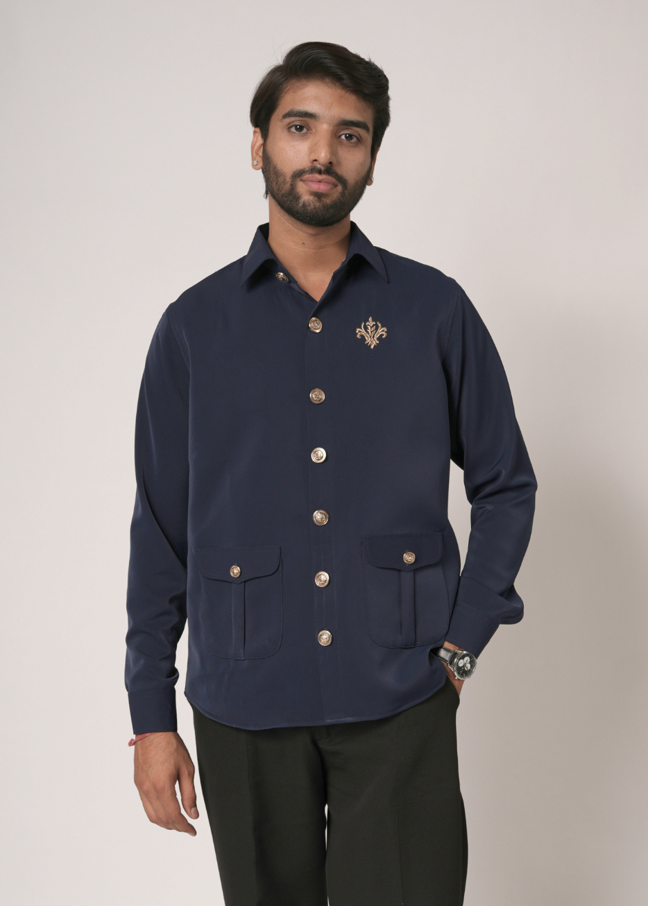 Navy Blue Zardozi Shirt for Men | Lachka Fabric | Structured Nehru-Collar Overshirt | Sangeet, Cocktail, Wedding & Party Wear | RichArt