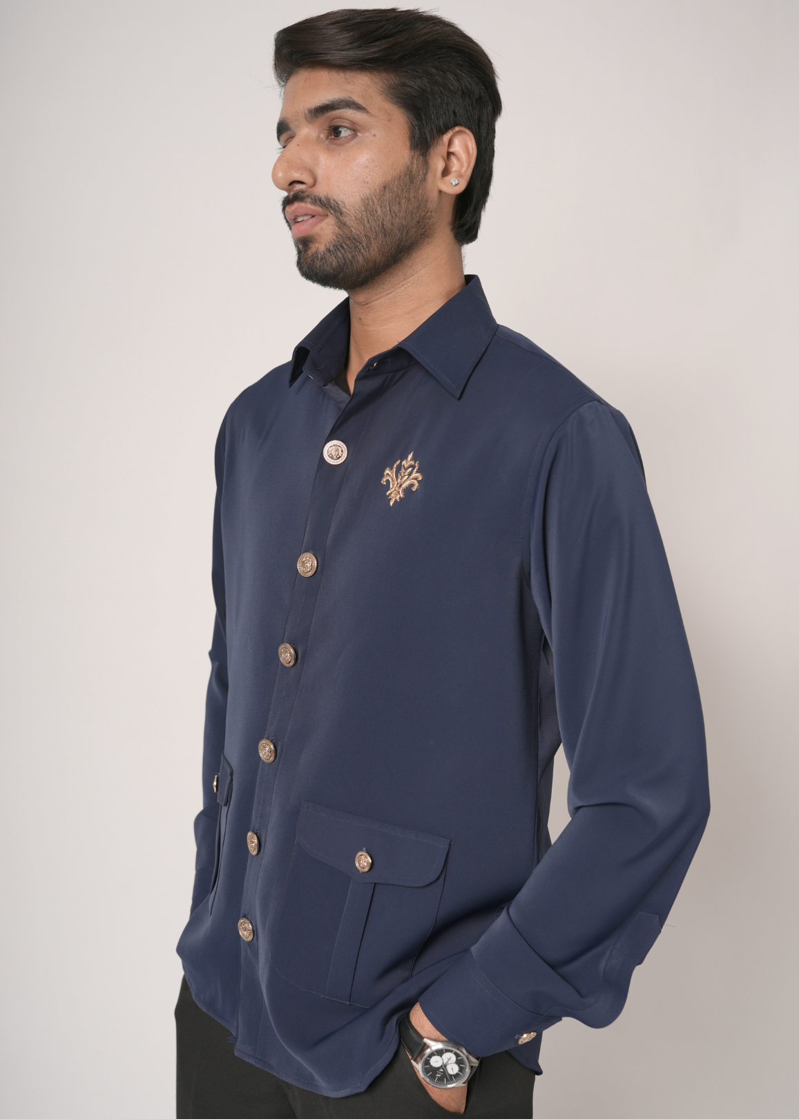 Navy Blue Zardozi Shirt for Men | Lachka Fabric | Structured Nehru-Collar Overshirt | Sangeet, Cocktail, Wedding & Party Wear | RichArt