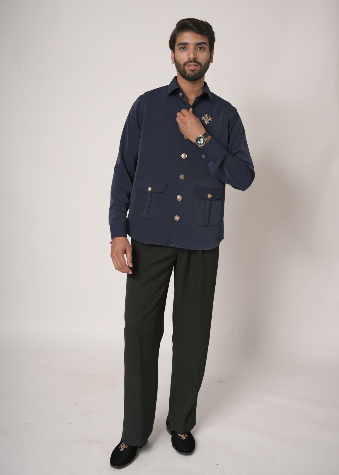 Navy Blue Zardozi Shirt for Men | Lachka Fabric | Structured Nehru-Collar Overshirt | Sangeet, Cocktail, Wedding & Party Wear | RichArt