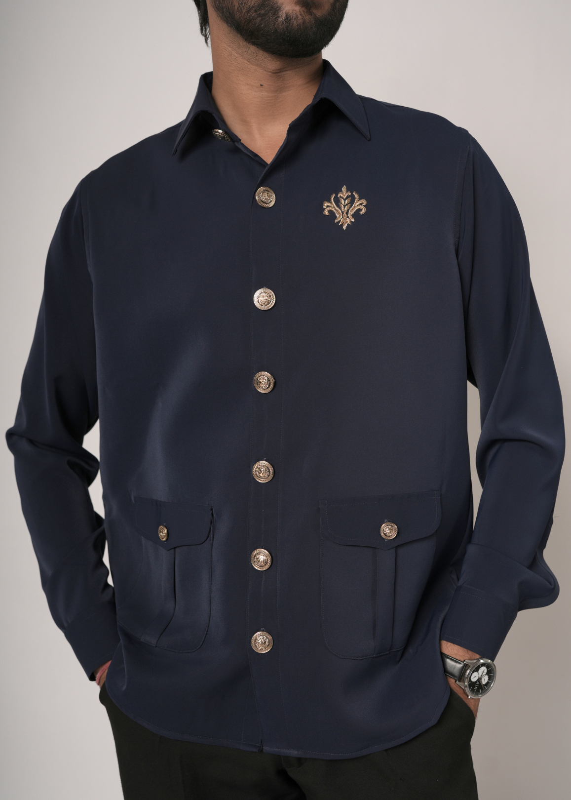 Navy Blue Zardozi Shirt for Men | Lachka Fabric | Structured Nehru-Collar Overshirt | Sangeet, Cocktail, Wedding & Party Wear | RichArt