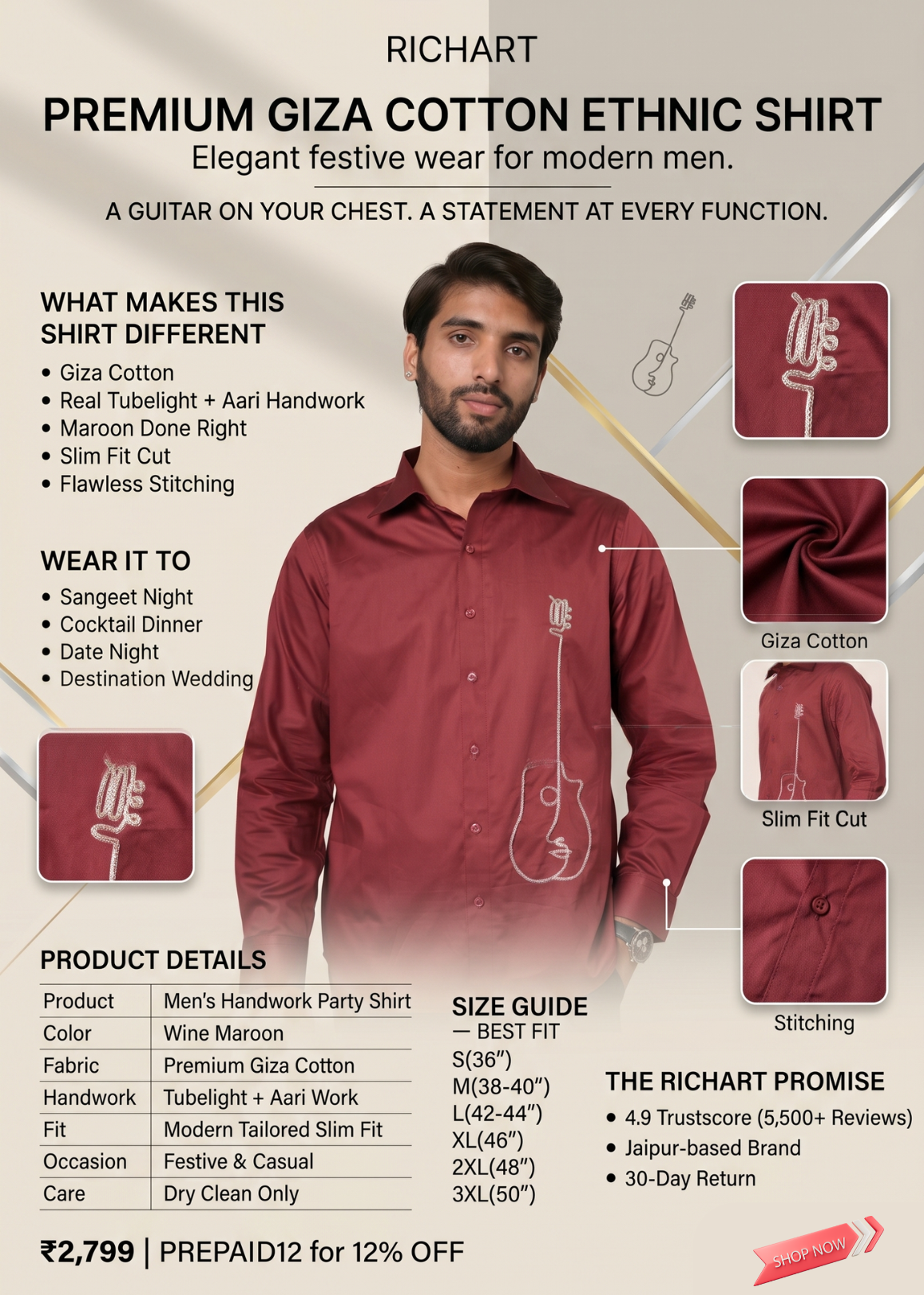 Maroon Handwork Shirt for Men | Tubelight Aari Work | Party Wear, Sangeet, Cocktail & Wedding Guest Shirt | Giza Cotton | RichArt