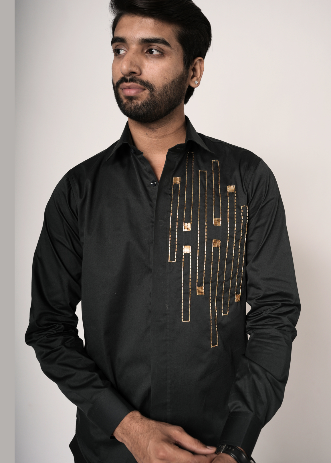 Jet Black Gold Cascade Tubelight Shirt for Men | Geometric Waterfall Motif | Giza Cotton | Sangeet, NYE, Party & Cocktail Wear | RichArt