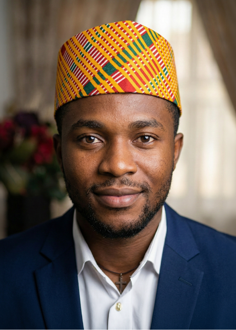 Man wearing a colorful patterned cap indoors with a blurred background