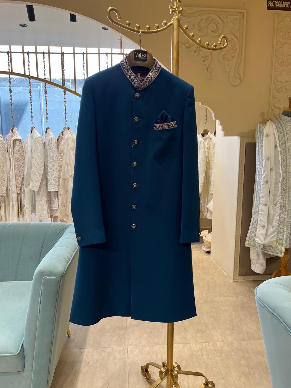 Blue Men's Achkan With Churidar Pajama  Set