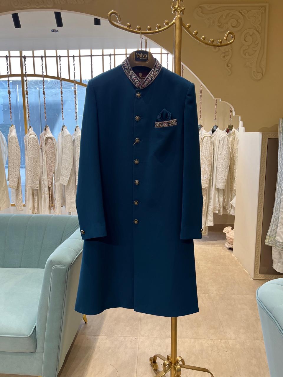 Blue Men's Achkan With Churidar Pajama  Set